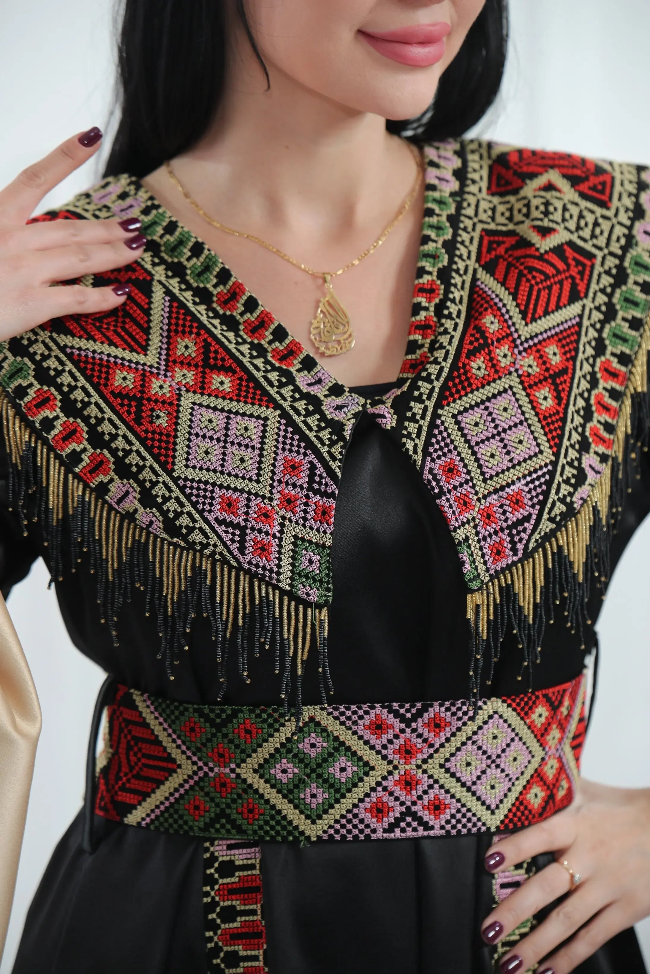 Embroidered Satin Dress With handmade Beads Palestinian Elegance