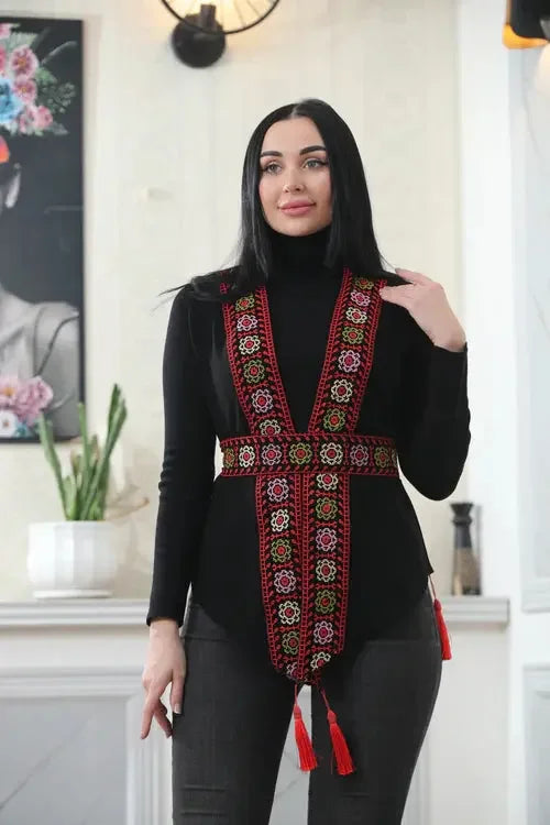 Vibrant Embroidery: Stylish Chiffon Vest for the Modern Woman Palestinian Elegance