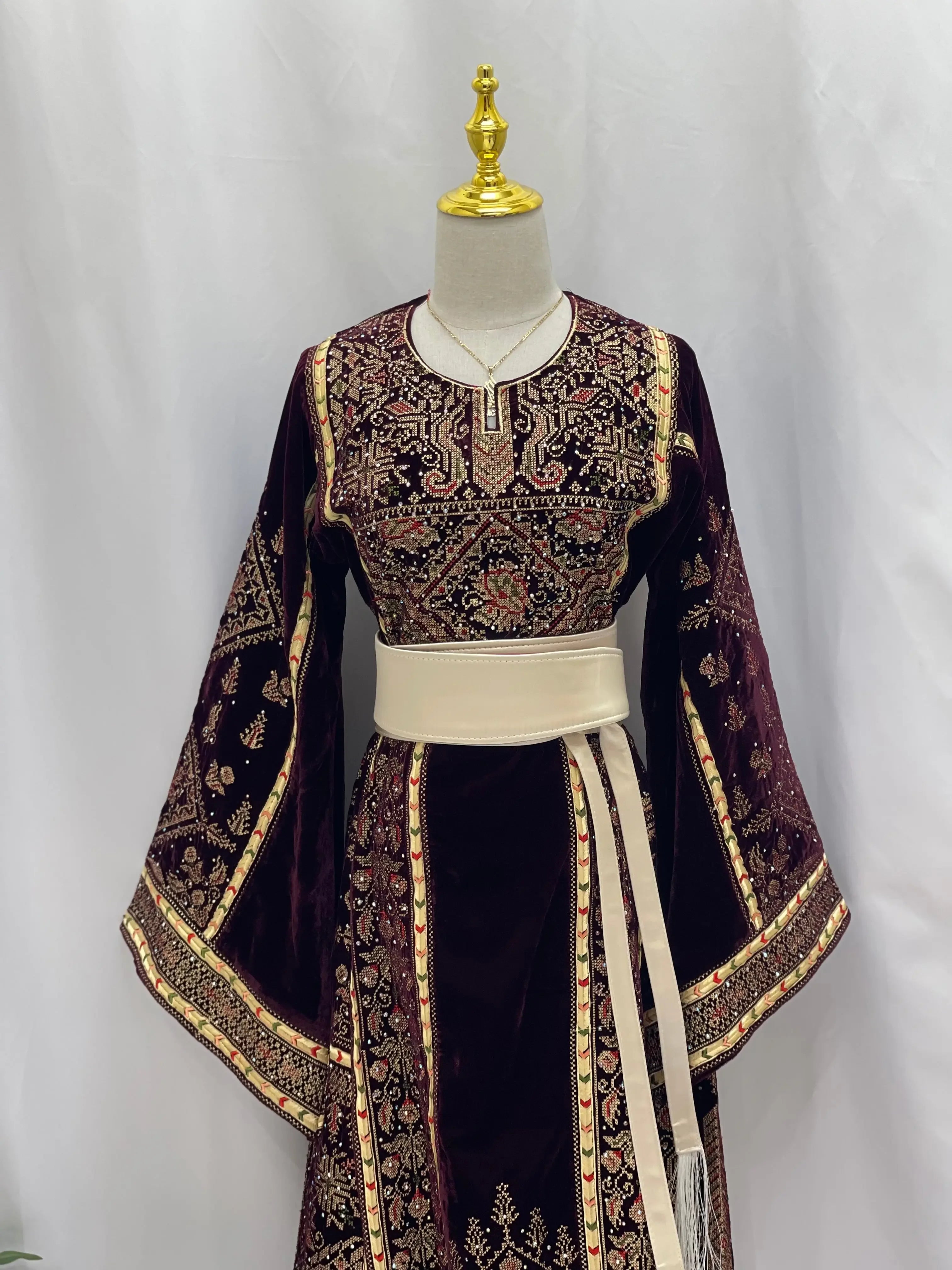 Maroon Velvet Thoub With Matching Overskirt Palestinian Elegance