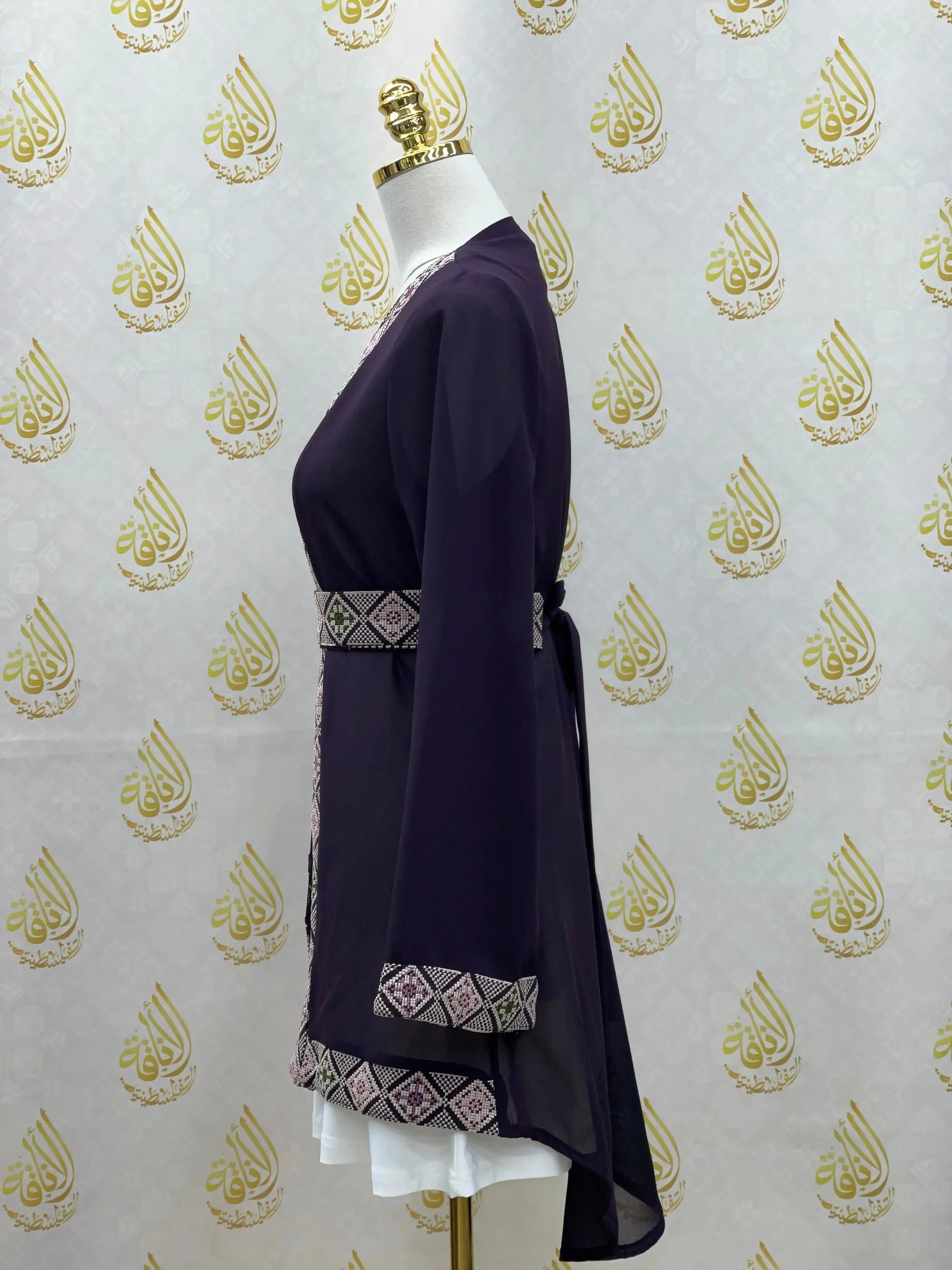 Palestinian Elegance embroidered chiffon kimono cardigan in dark purple with geometric patterned trim