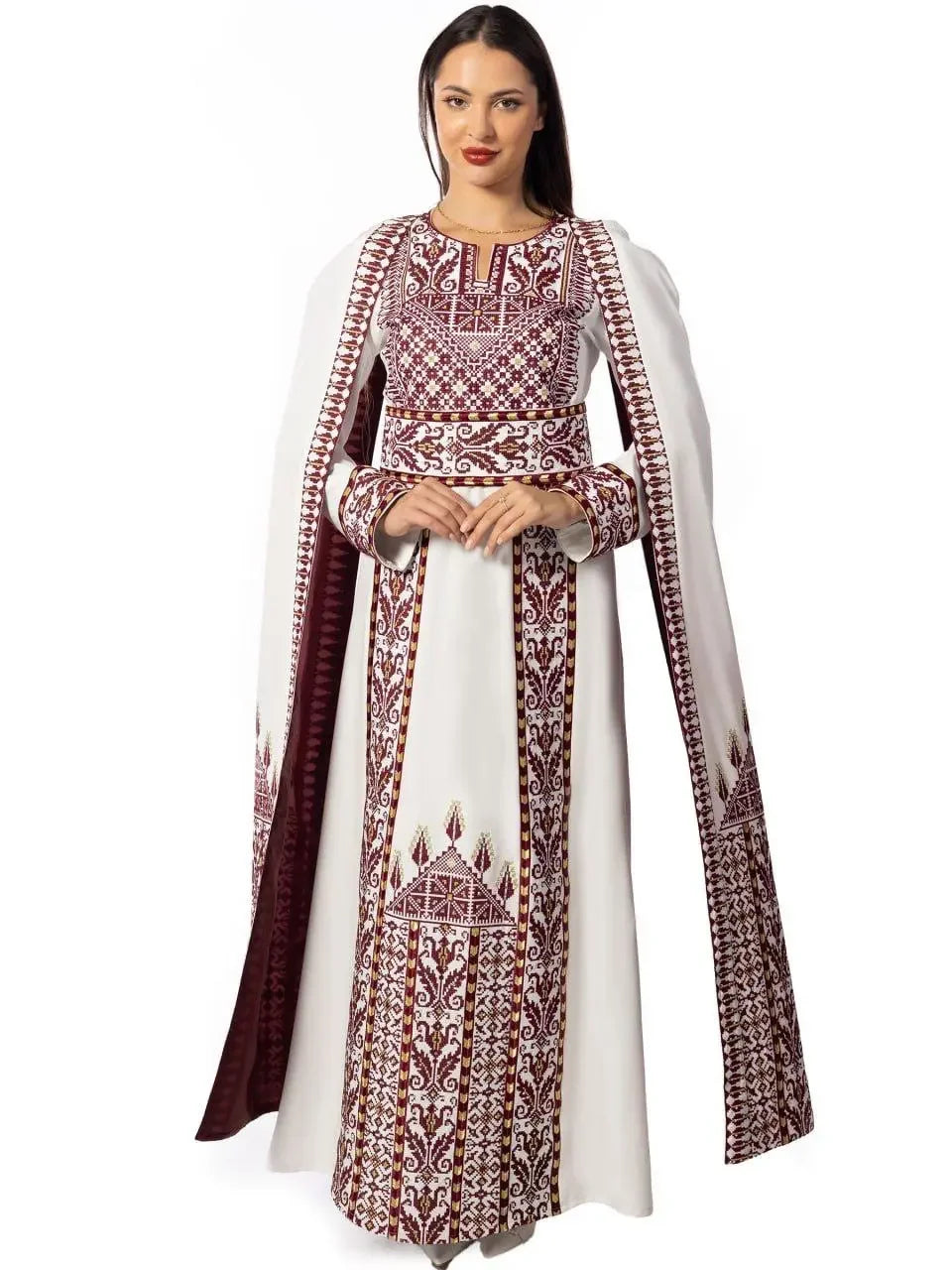 Embroidered Palestinian thobe dress in white with intricate maroon embroidery by Palestinian Elegance