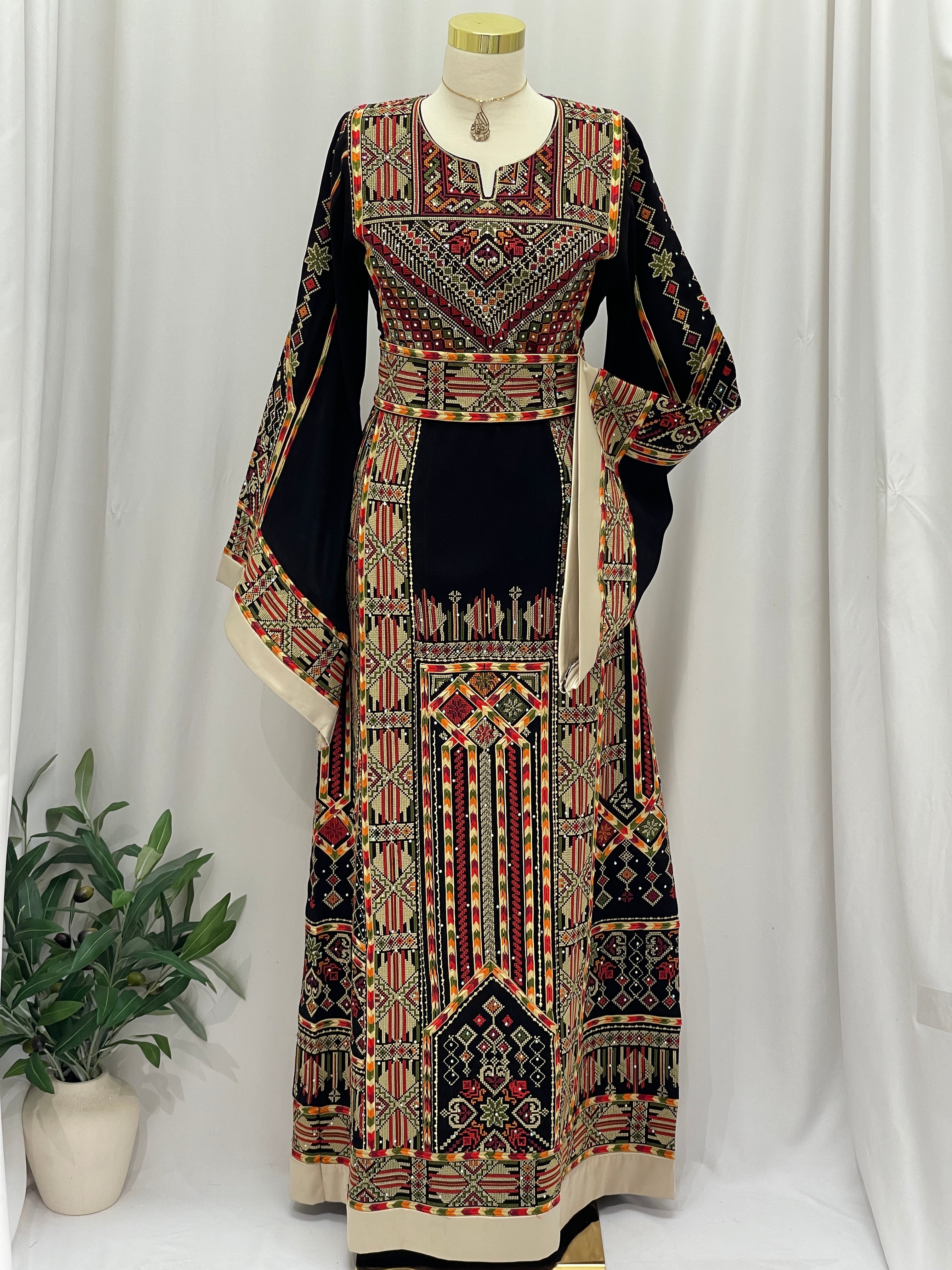 Luxury Black Palestinian Embroidered Thoub with Two Belts – Timeless Elegance with Heritage Touch