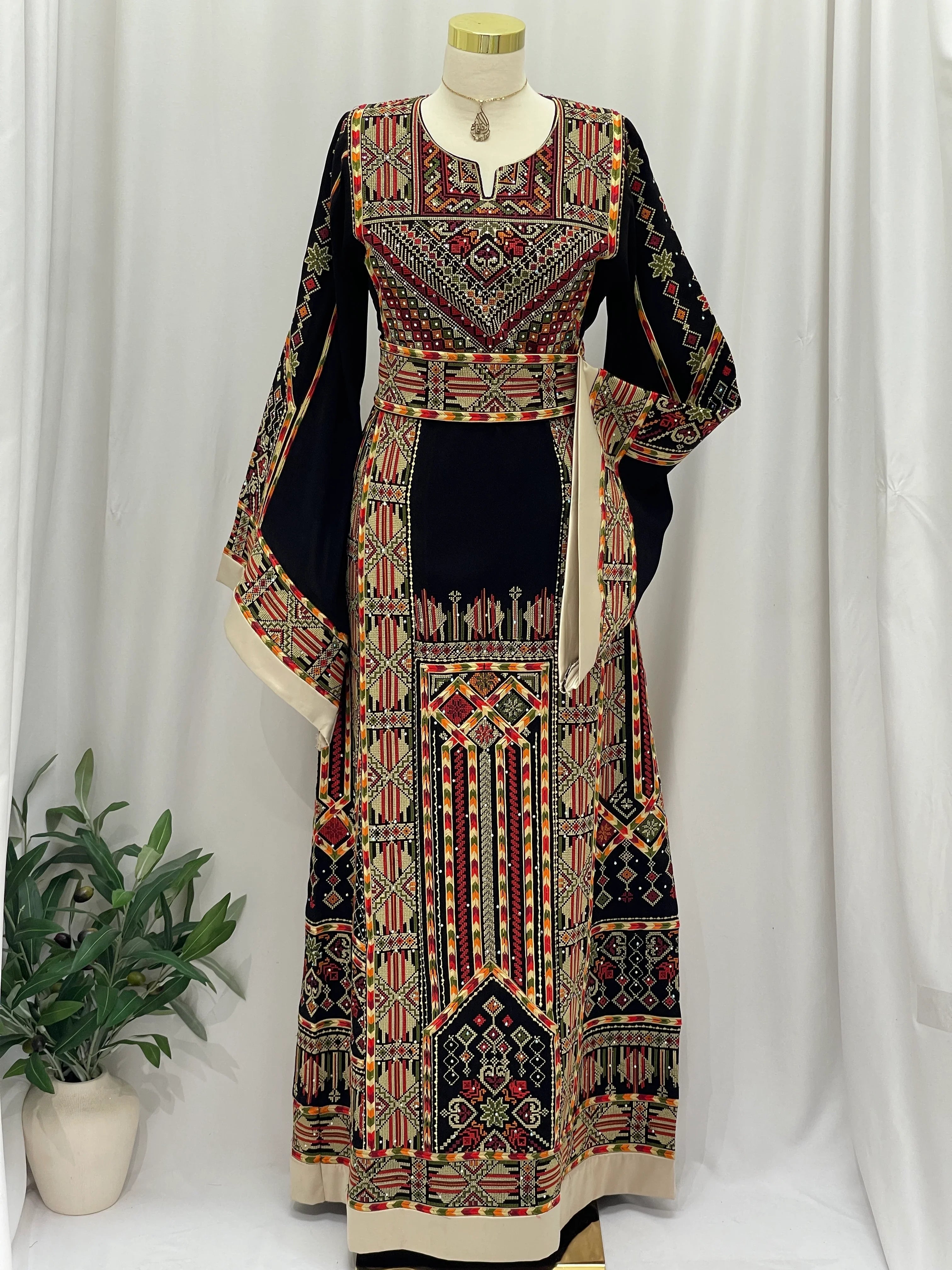 Luxury Black Palestinian Embroidered Thoub with Two Belts – Timeless Elegance with Heritage Touch