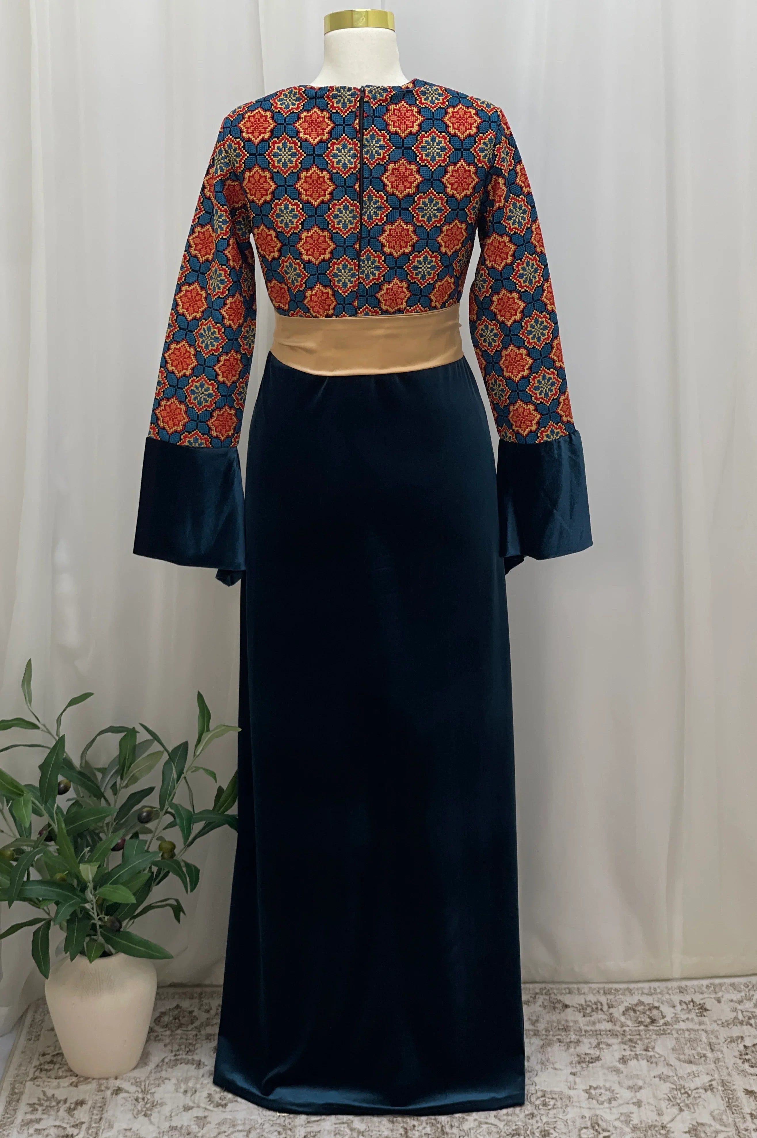 Embroidered Velvet Maxi Dress with Satin Belt