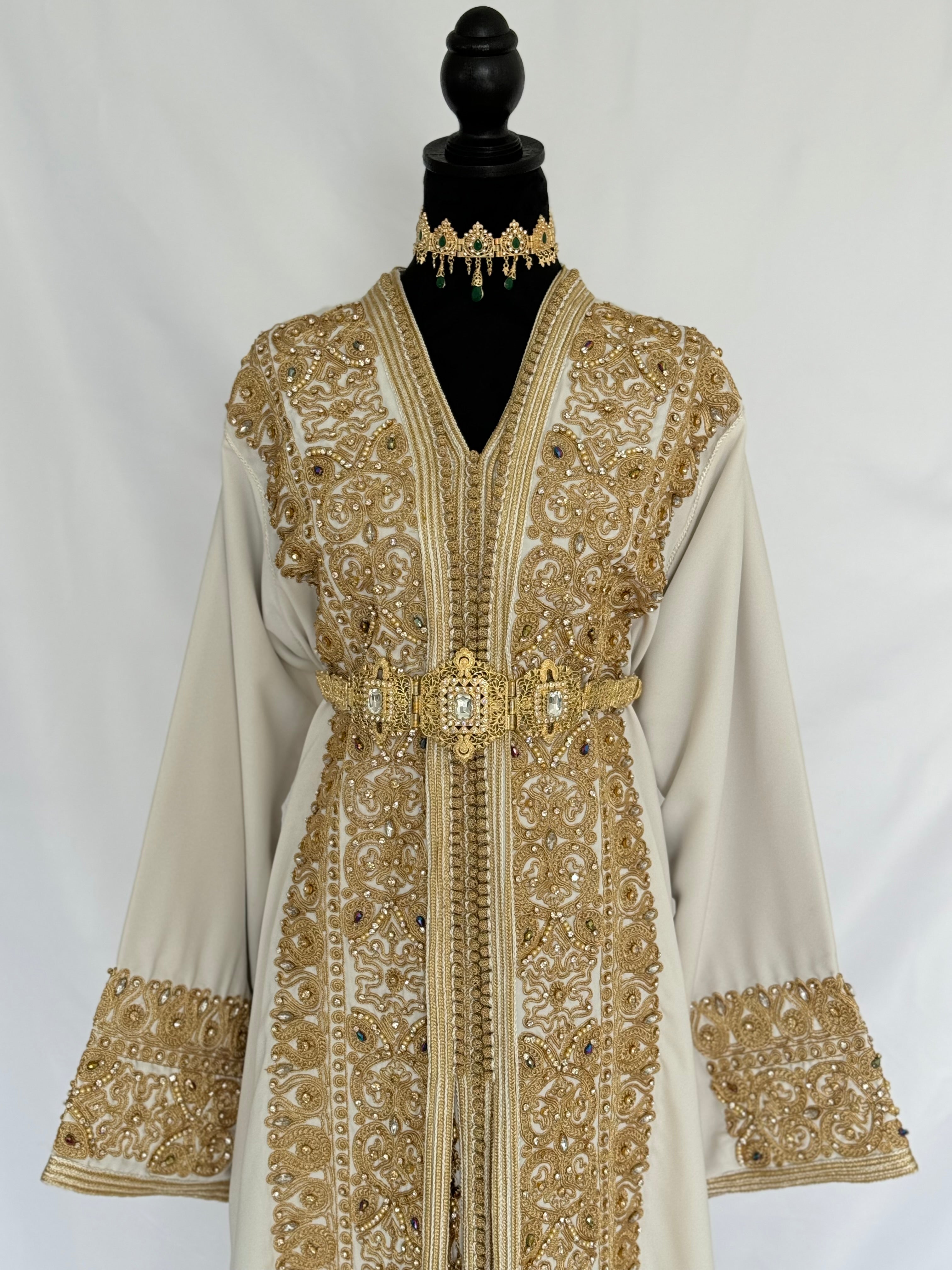 Handmade Silk Crepe Moroccan Kaftan: Gold Thread Embroidery, Belted Takchita