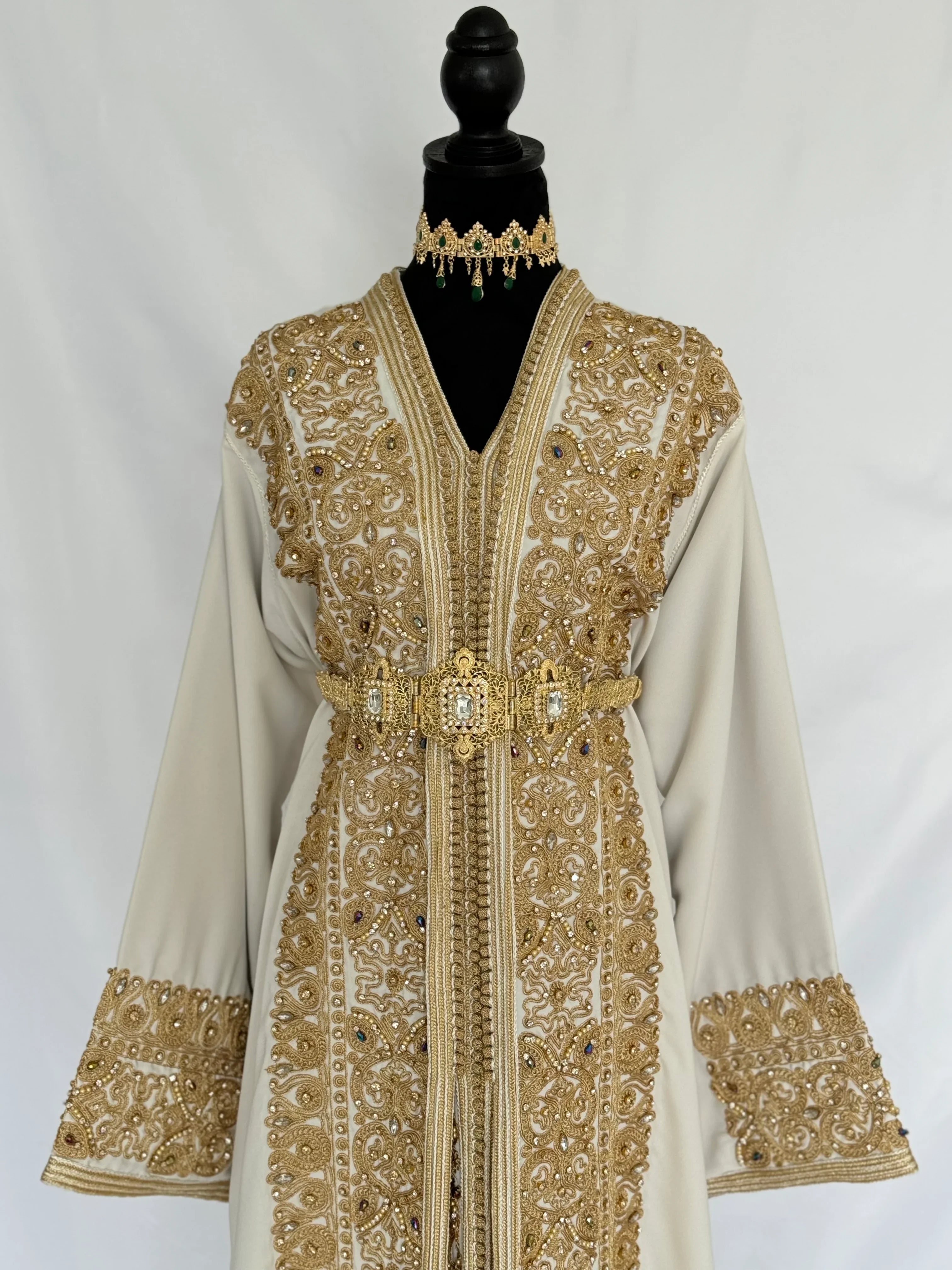Handmade Silk Crepe Moroccan Kaftan: Gold Thread Embroidery, Belted Takchita