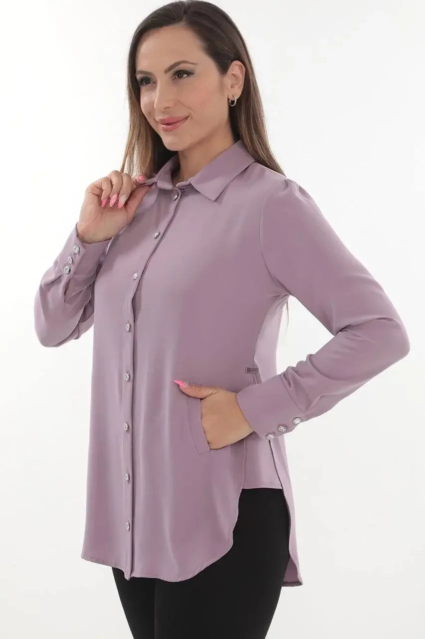 Purple casual embroidered blouse for women with long sleeves and button-down front