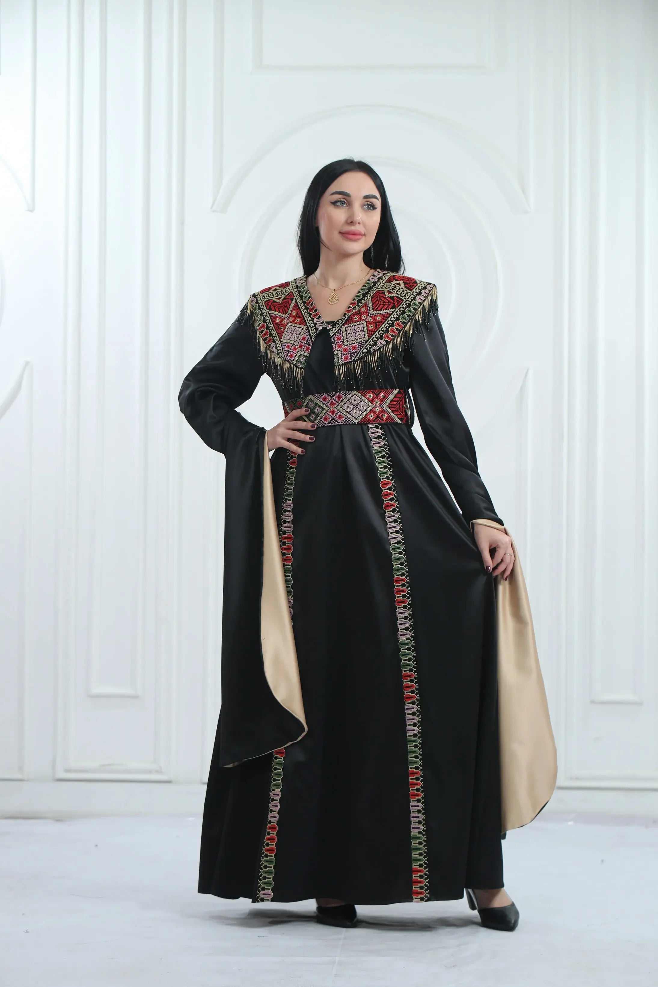Embroidered Satin Dress With handmade Beads Palestinian Elegance