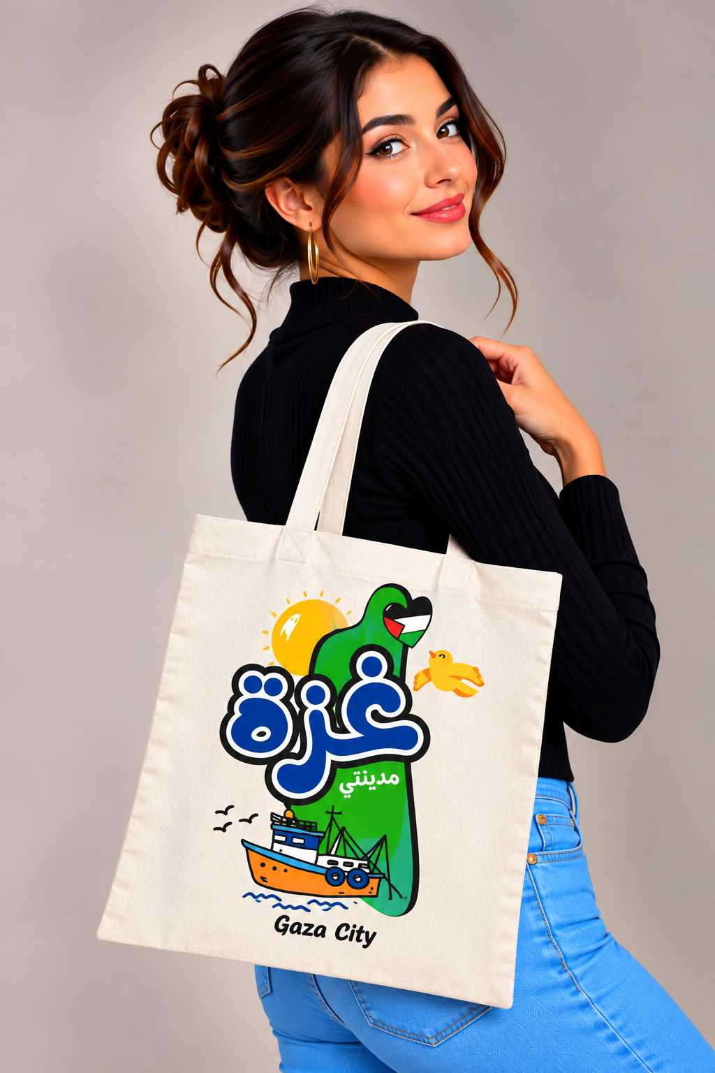 Palestine Tote Bags with City Names and Matching Symbols