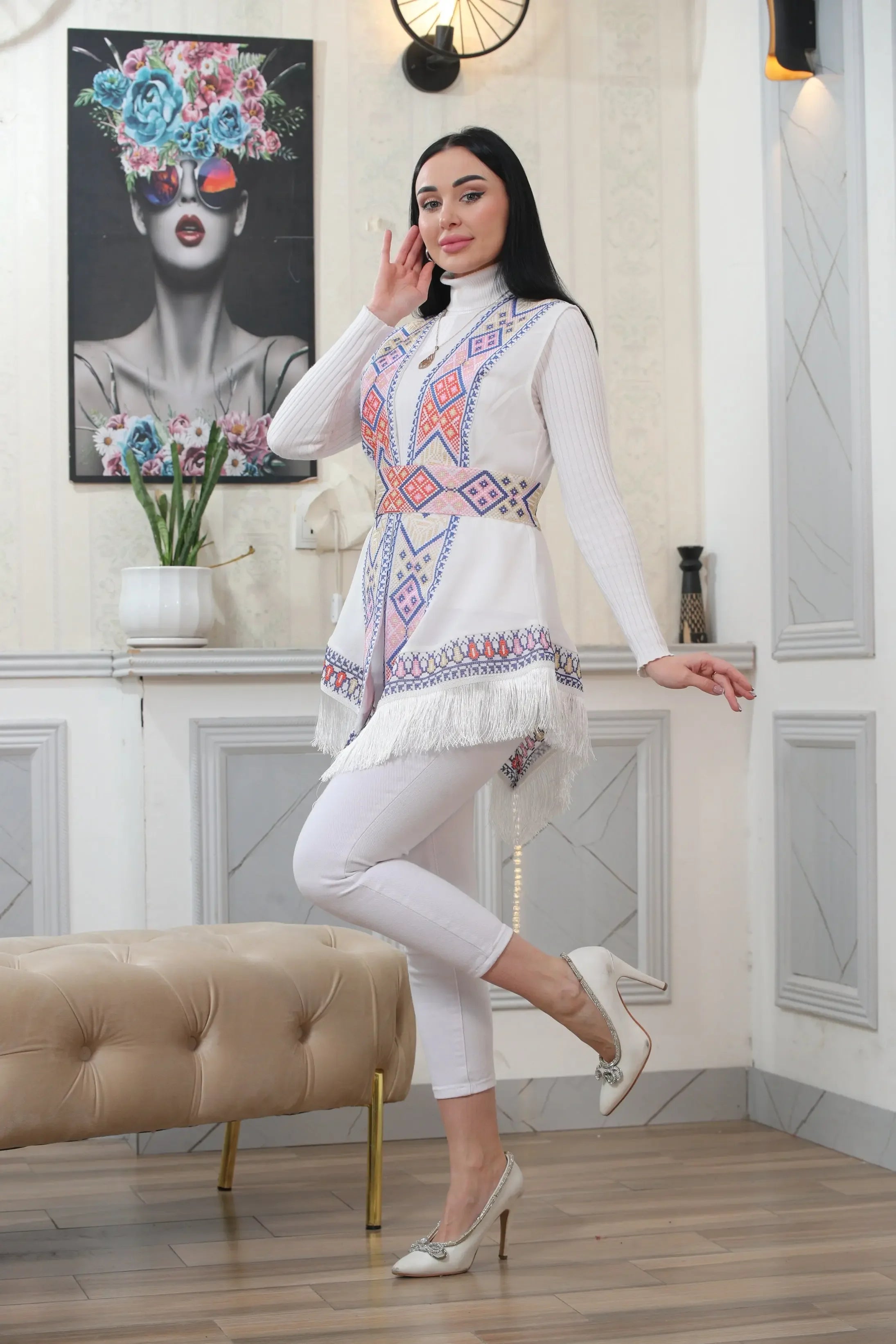 Embroidered Chiffon Vest With Tassels Palestinian Elegance