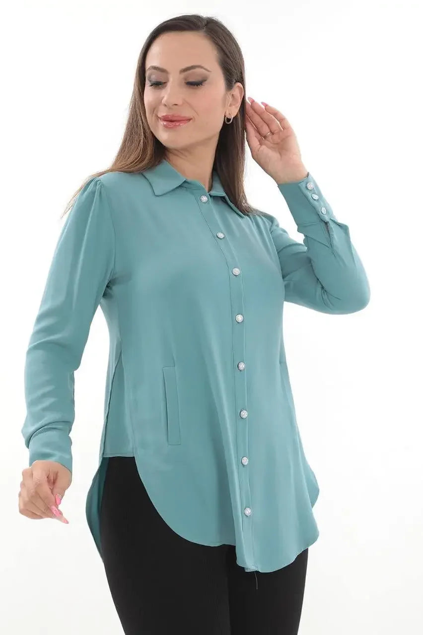 Palestinian Elegance casual embroidered blouse for women in teal with long sleeves and button-down front
