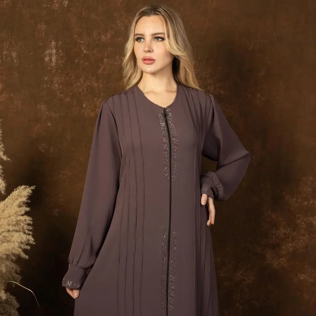 Palestinian Elegance modest abaya for women in deep brown with long sleeves and intricate embroidery