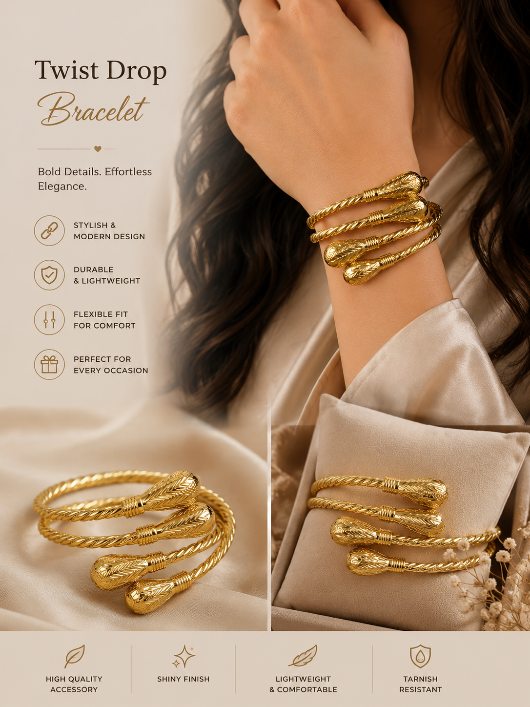 Double Injasa Mabroma Palestinian Gold Bangle Bracelet for Modest Fashion