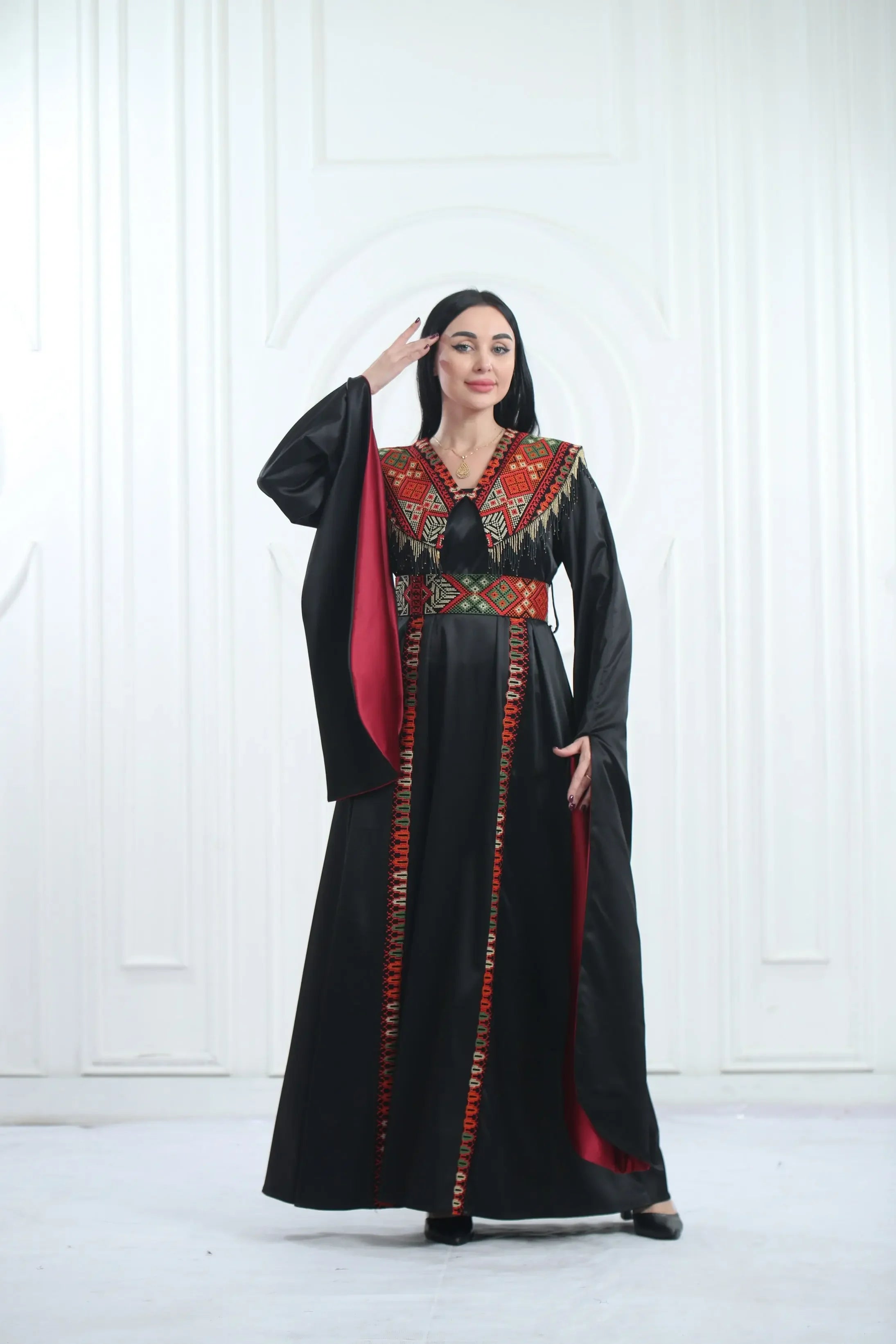Embroidered Satin Dress With handmade Beads Palestinian Elegance