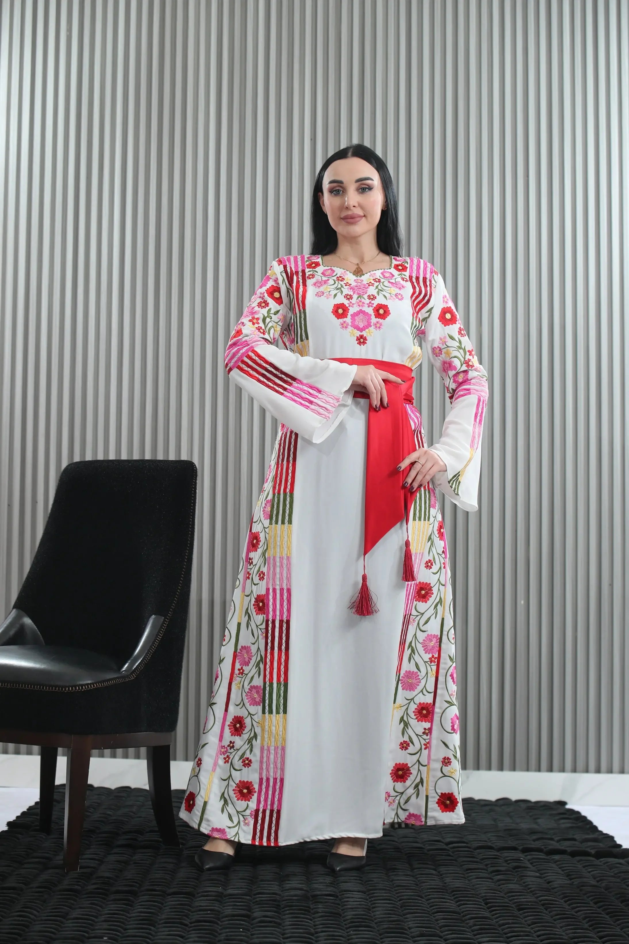 Embroidered White Multicolored Thoub Palestinian Elegance