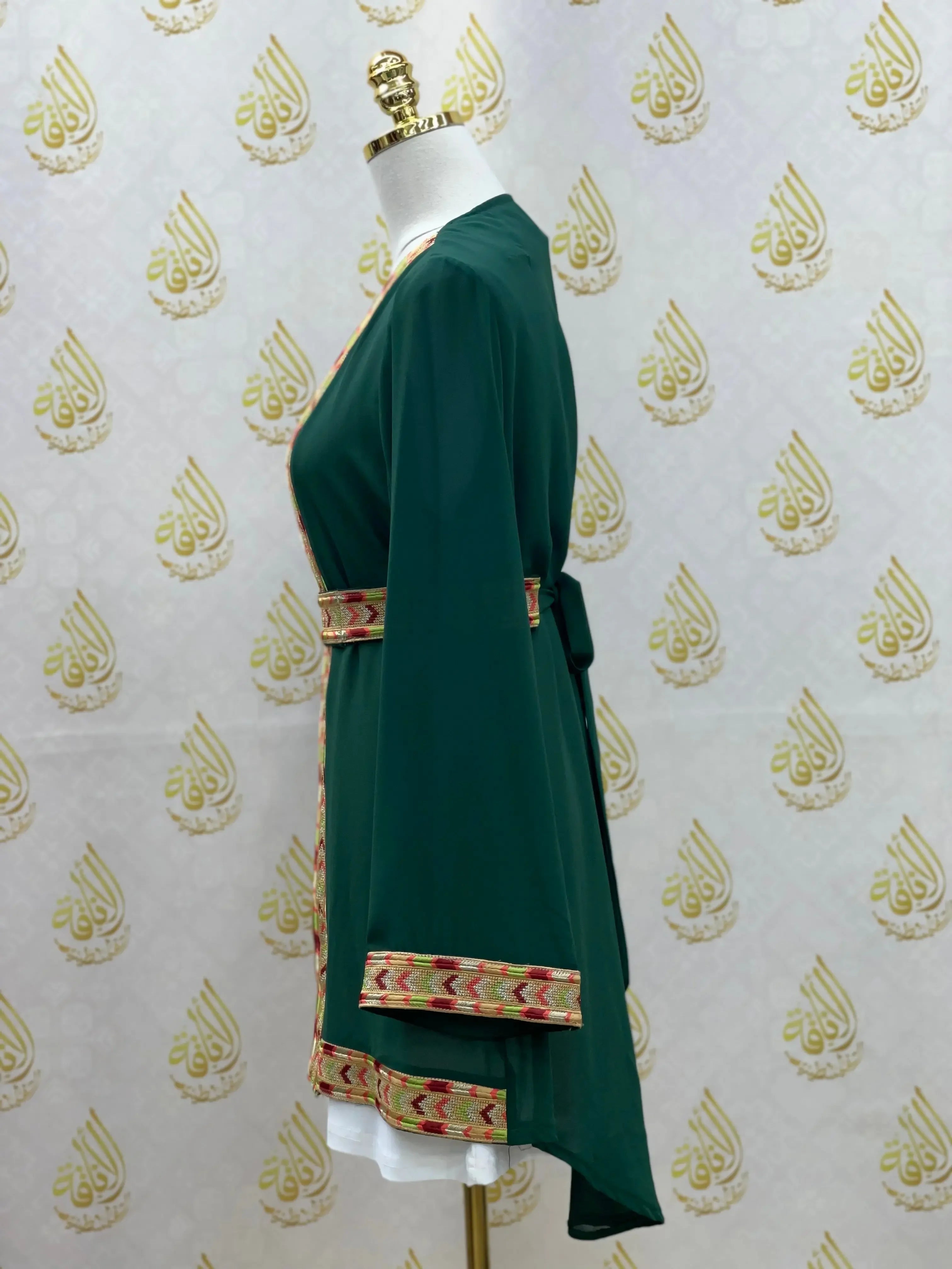 Palestinian Elegance embroidered chiffon kimono cardigan in dark green with traditional decorative trim on sleeves and waist