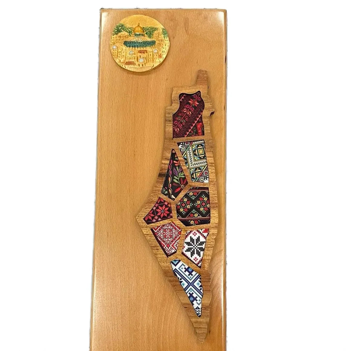 Handmade Palestine map wall art with colorful traditional embroidery on wooden base by Palestinian Elegance