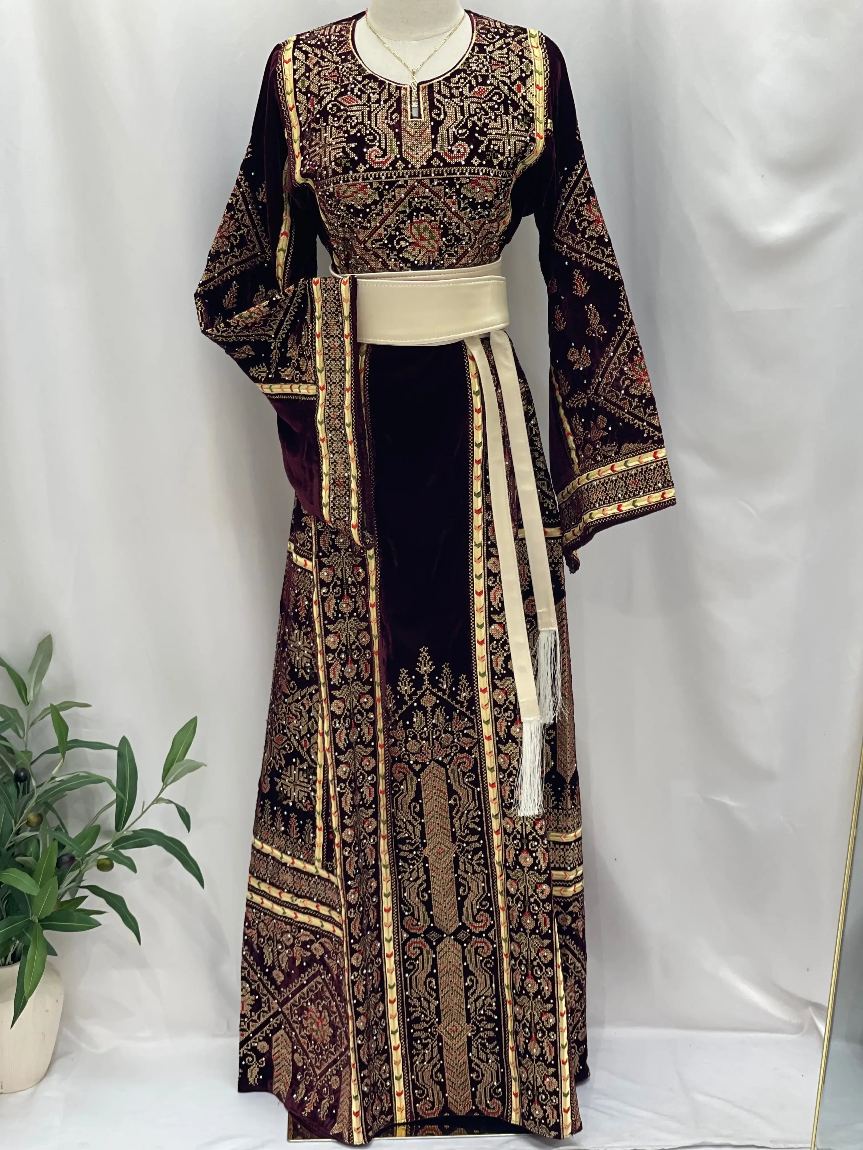 Maroon Velvet Thoub With Matching Overskirt Palestinian Elegance