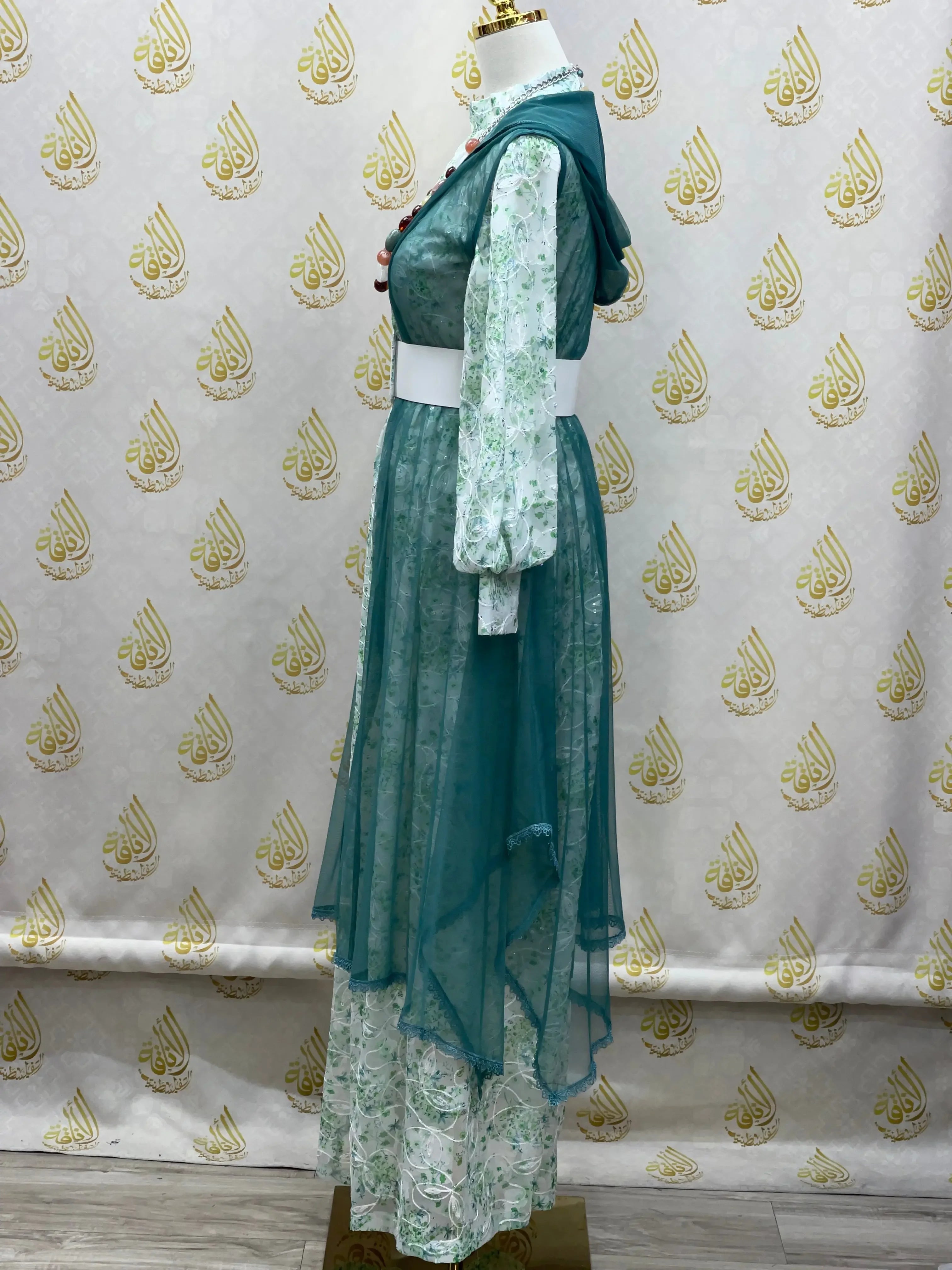 Floral Embroidered Mesh Overlay Dress with Beads: Enchanting Elegance and Grace Palestinian Elegance