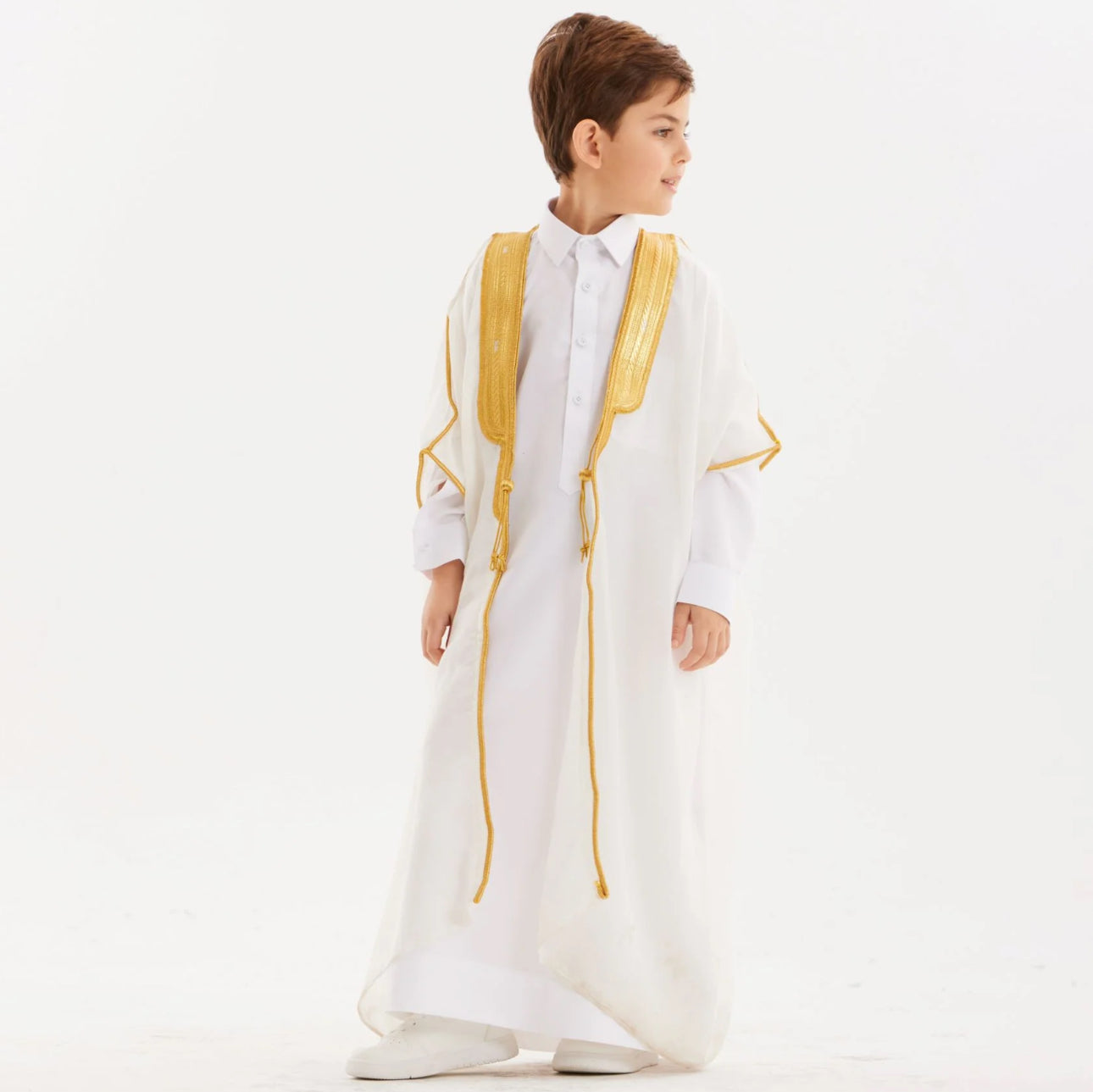 Kids White Bisht with Gold Trim- Elegant Tradition