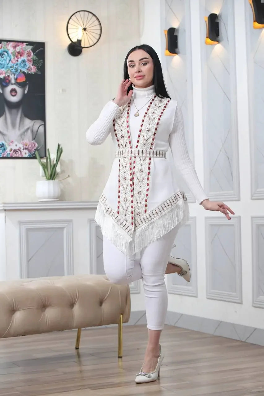 Embroidered Chiffon Vest With Tassels Palestinian Elegance