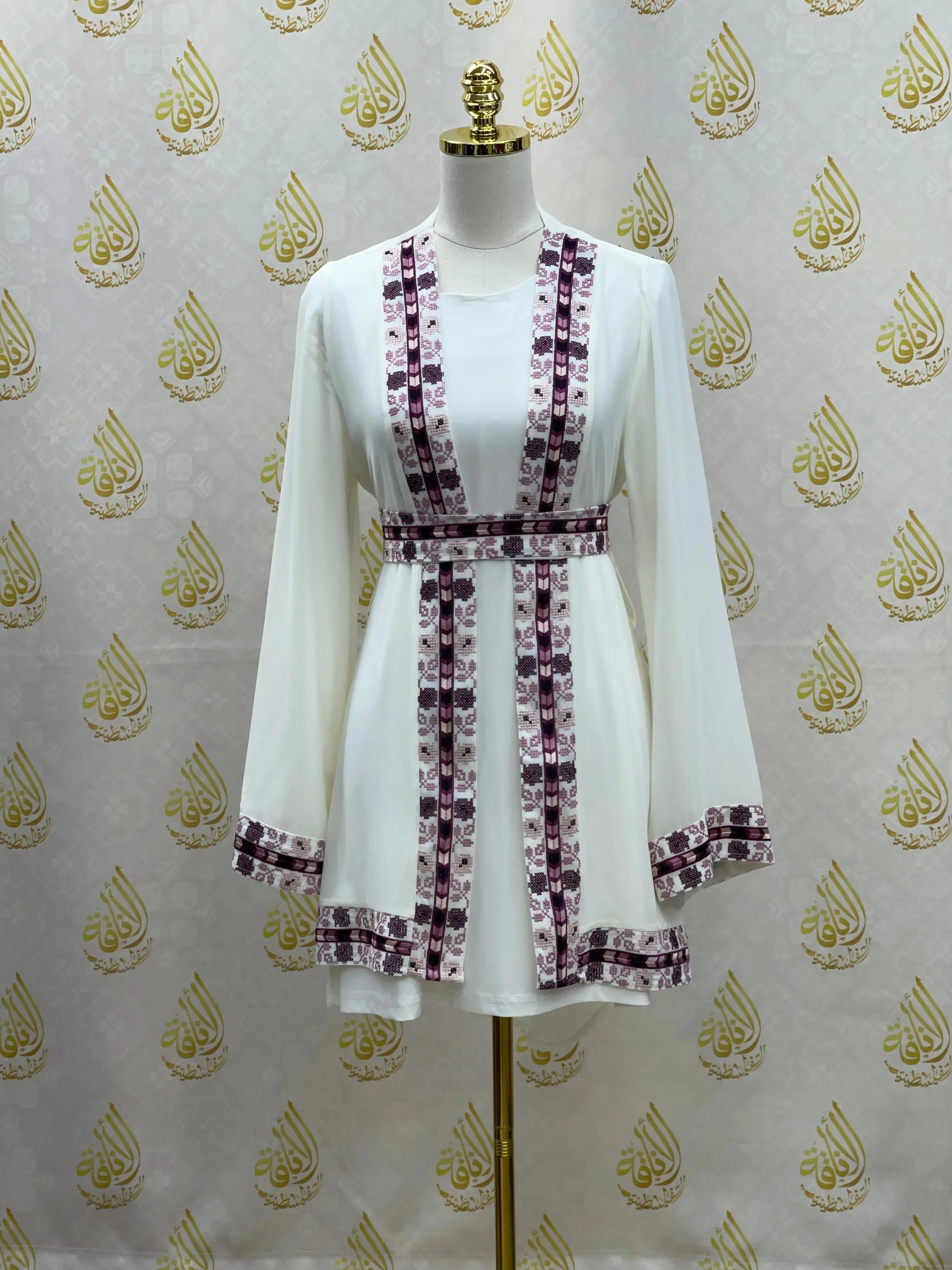 Palestinian Elegance white embroidered chiffon kimono cardigan with purple patterned trim and belt