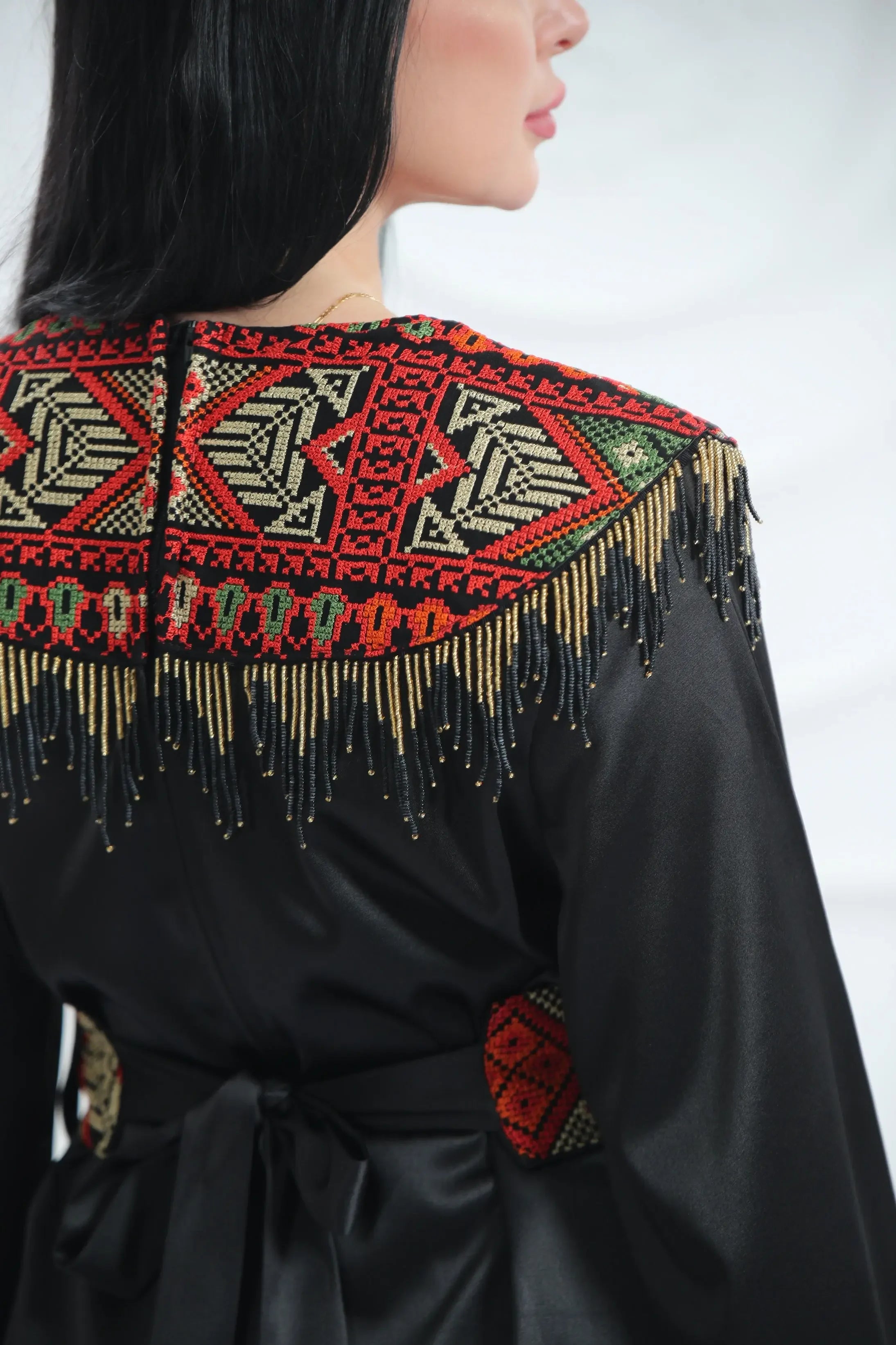 Embroidered Satin Dress With handmade Beads Palestinian Elegance