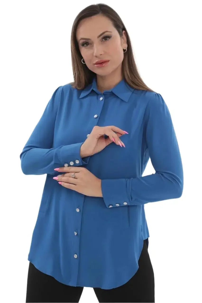 Blue casual button-up embroidered blouse for women by Palestinian Elegance with long sleeves