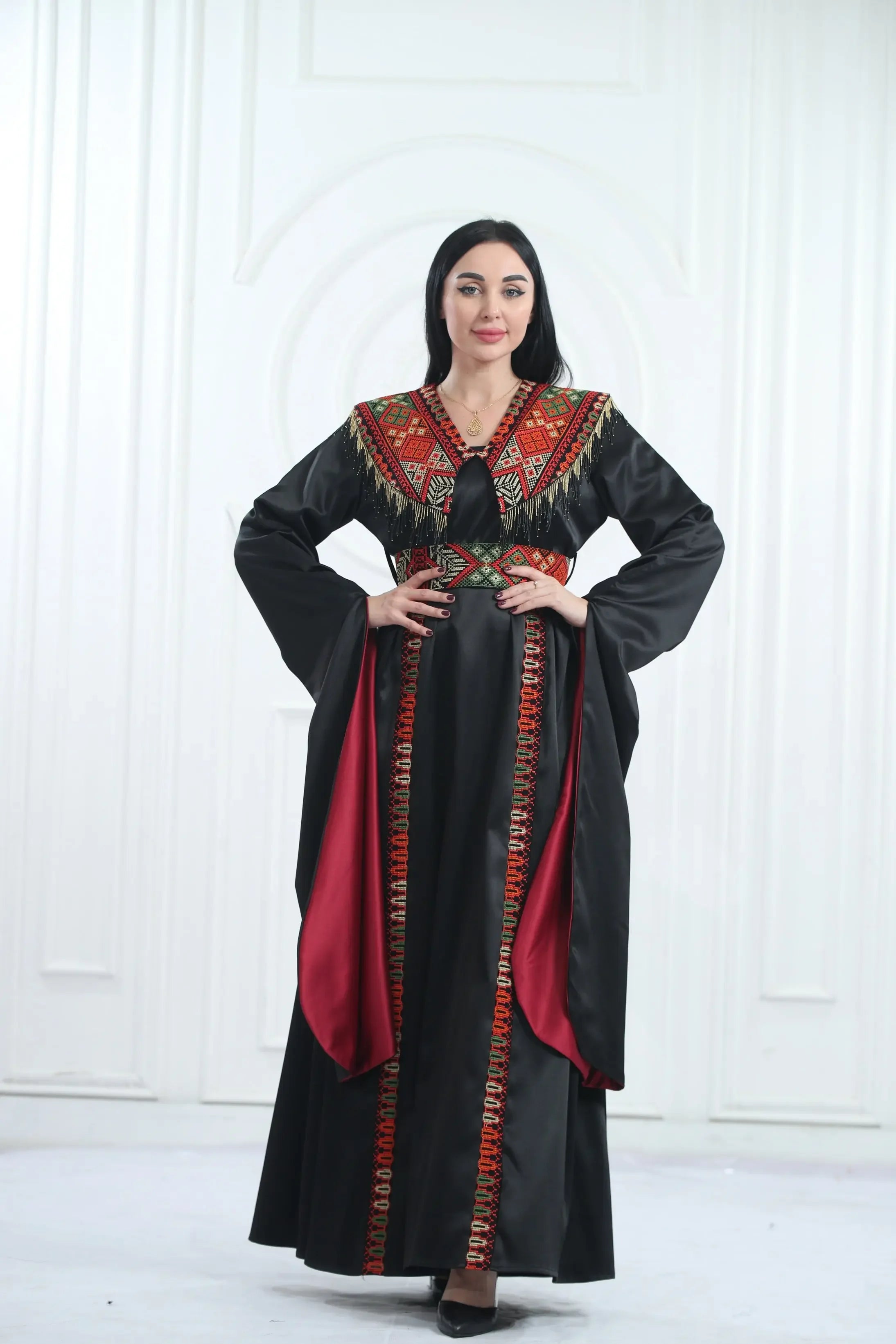 Embroidered Satin Dress With handmade Beads Palestinian Elegance