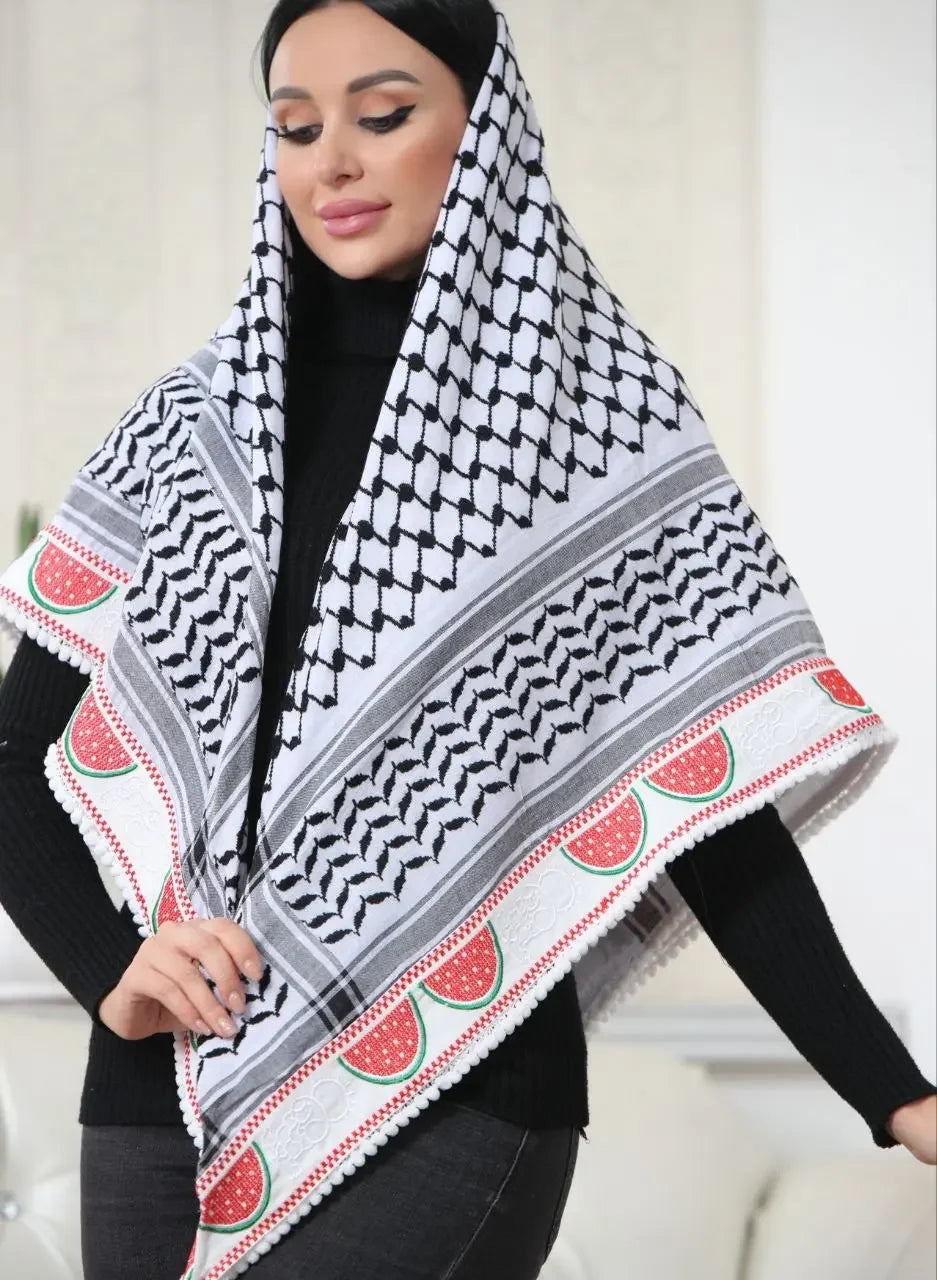Hanzala & Watermelon Embroidered Kuffiyeh: Elegance and Cultural Charm Palestinian Elegance