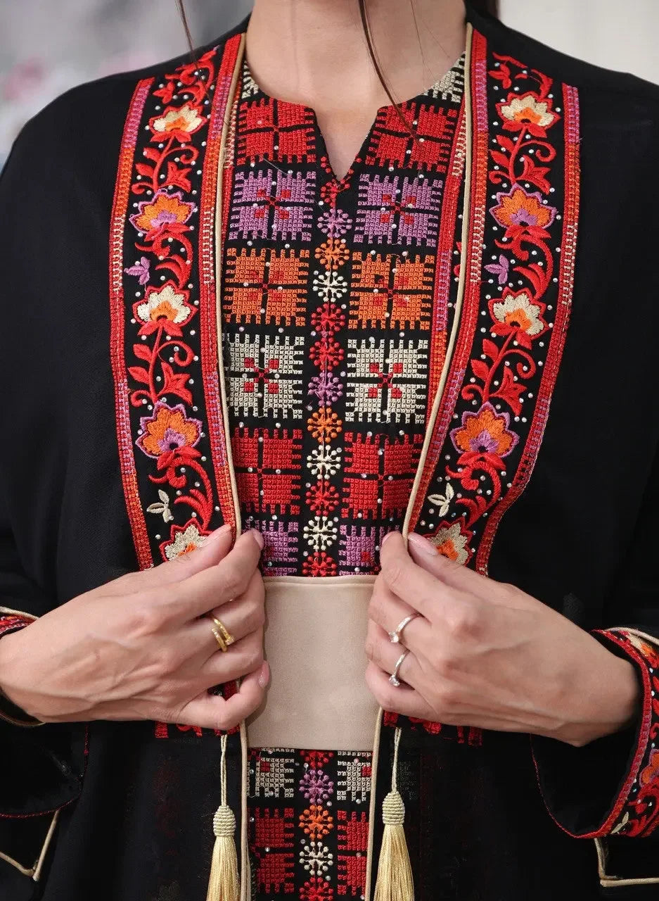 Embroidered Elegant Abaya With Cardigan Palestinian Elegance