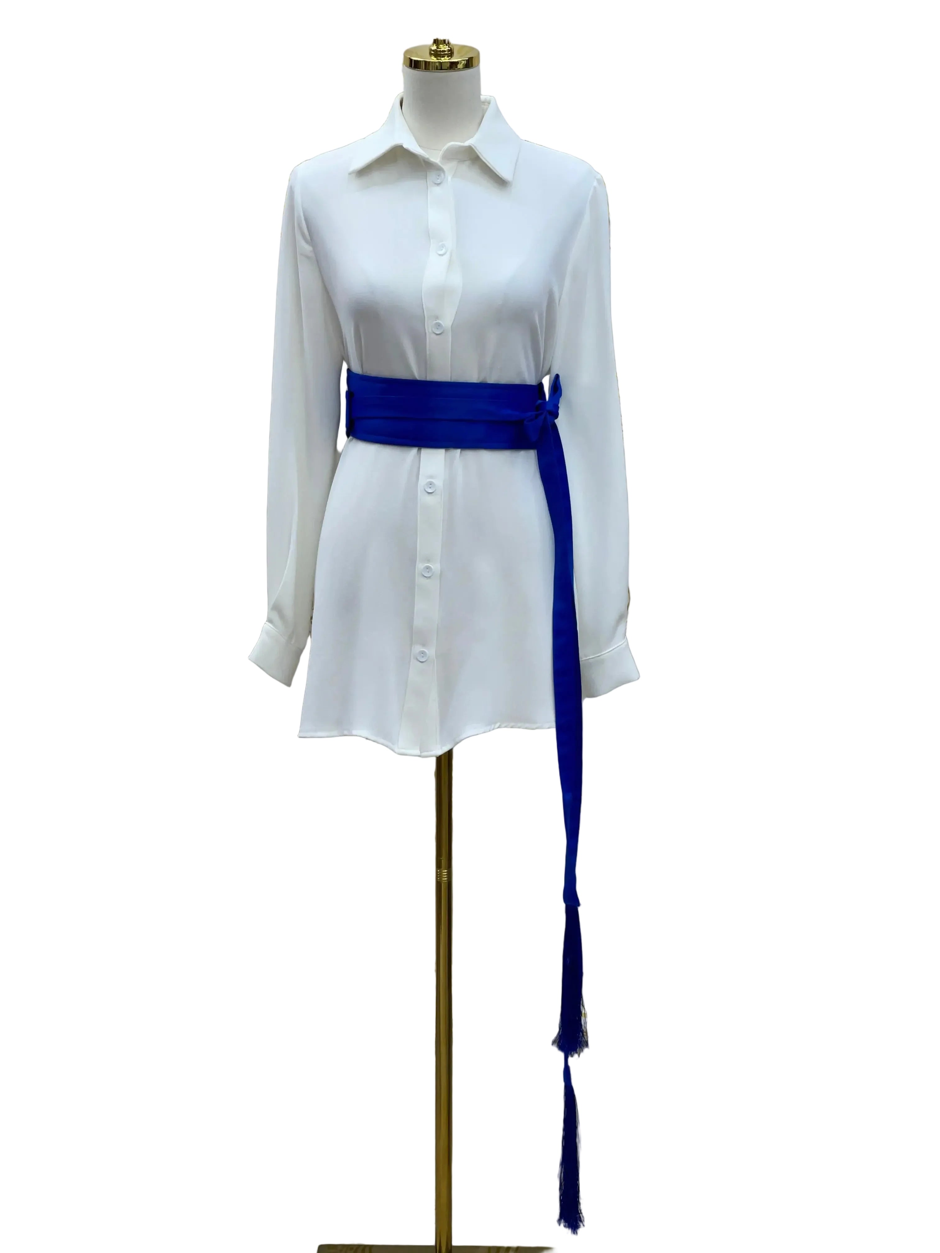 Luxury satin belt for dresses in royal blue styled on a white button-down dress by Palestinian Elegance