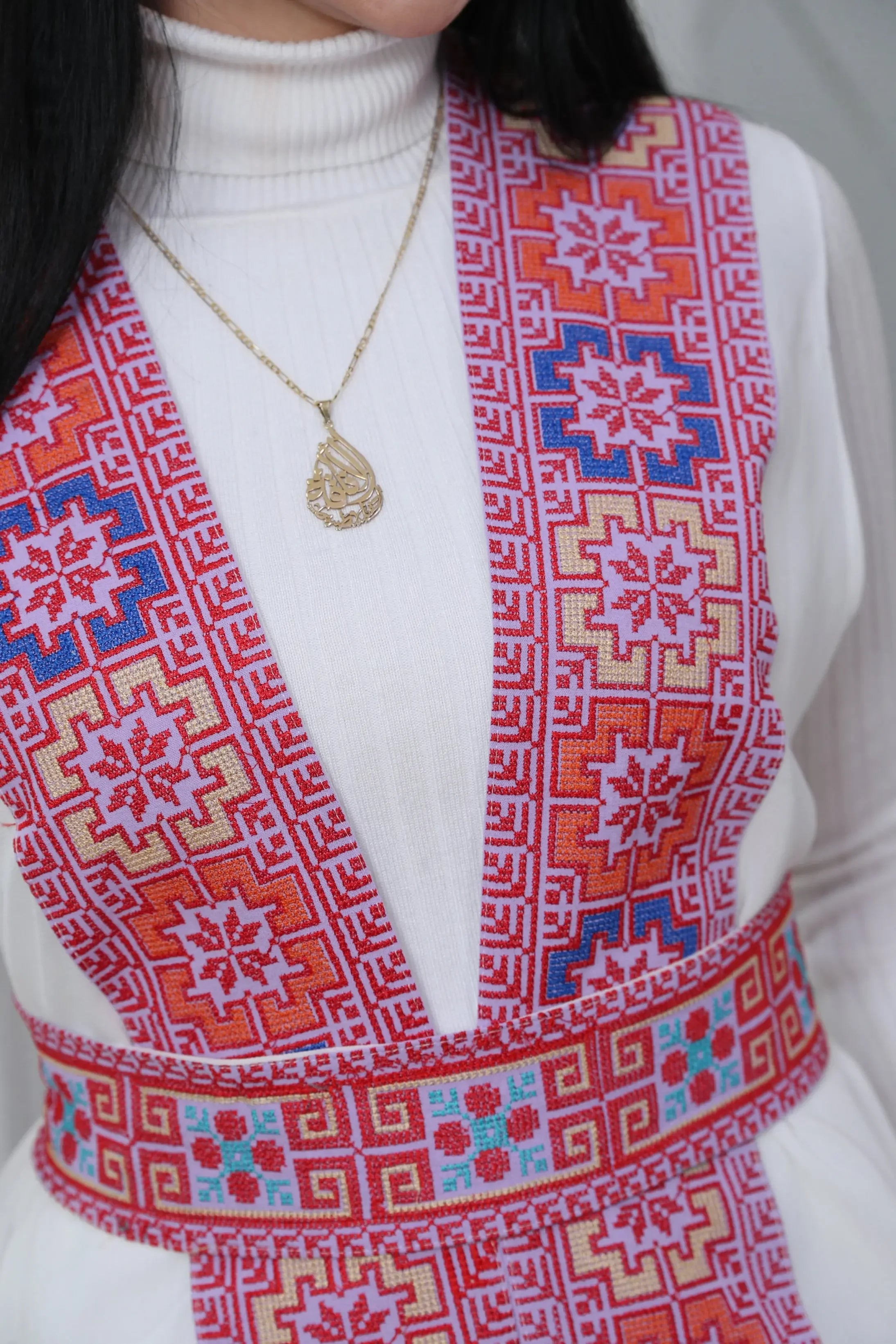 White Chiffon Vest Colorful Embroidered Palestinian Elegance