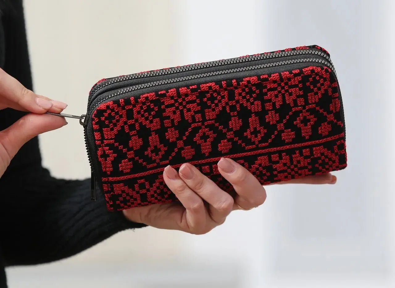 Stylish 2 Zipper Large Embroidered Wallet - Elegant & Functional Design Palestinian Elegance