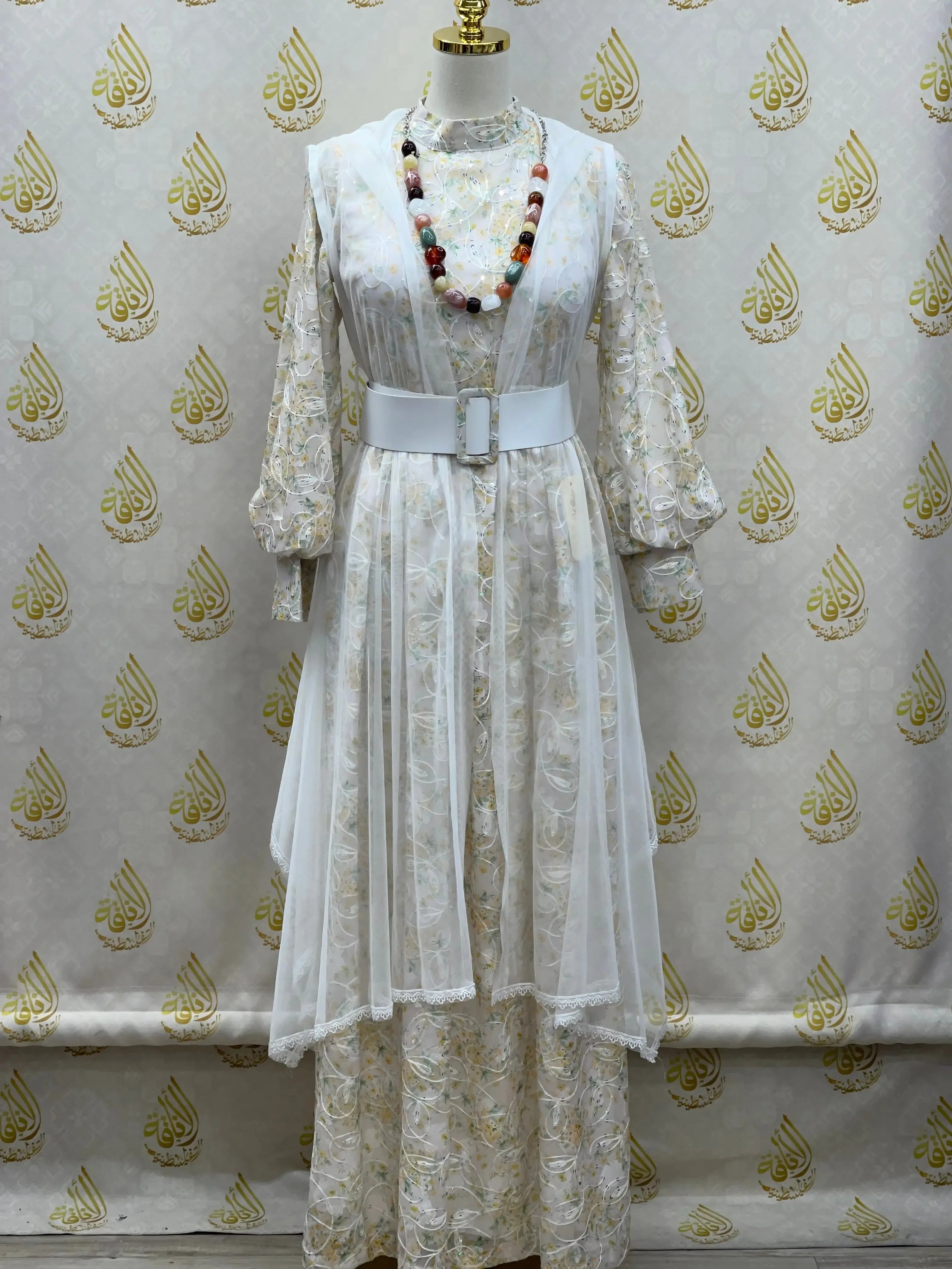 Floral Embroidered Mesh Overlay Dress with Beads: Enchanting Elegance and Grace Palestinian Elegance