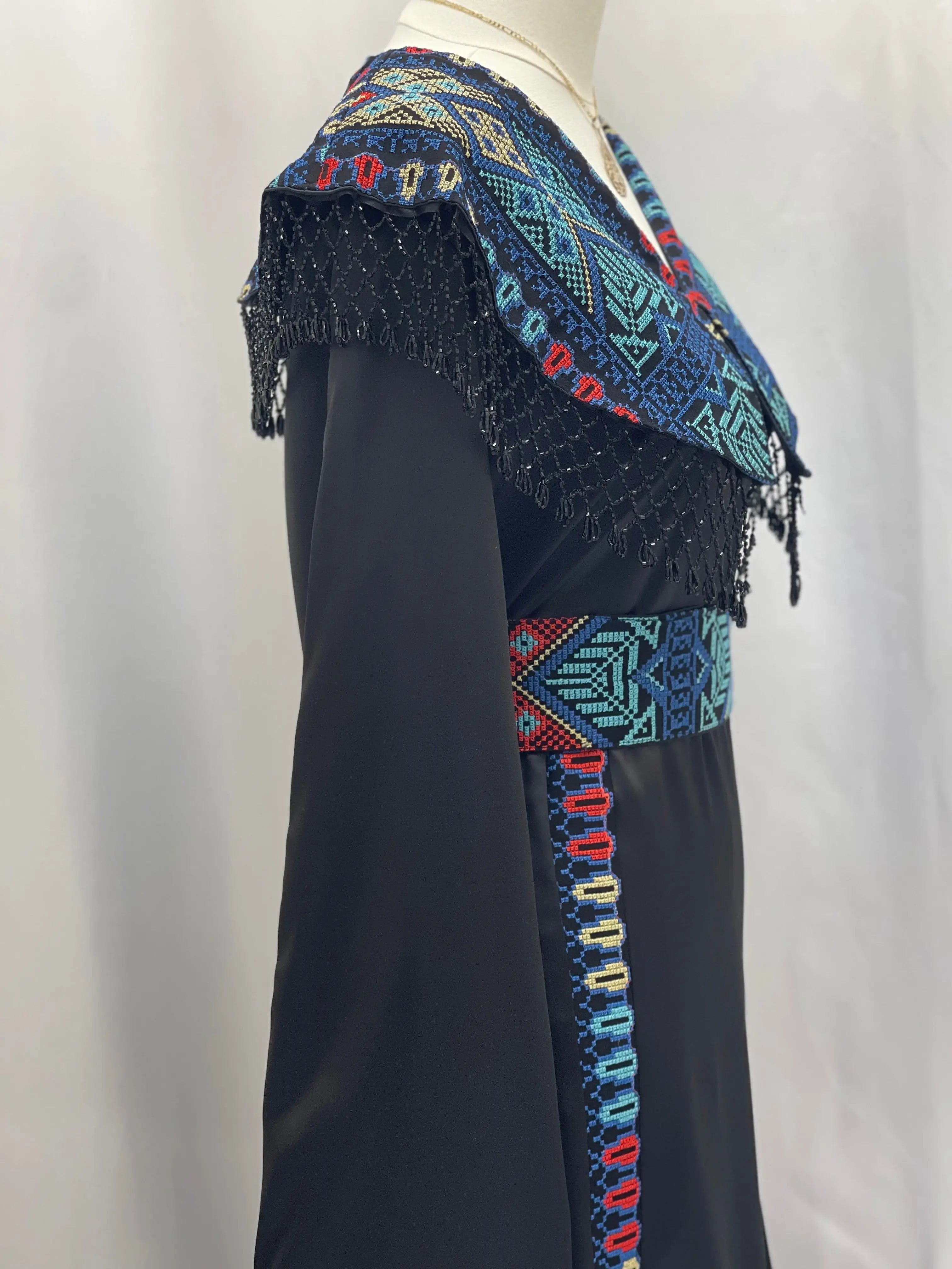 Sophisticated Elegance: Soondos Embroidered Satin Dress Palestinian Elegance