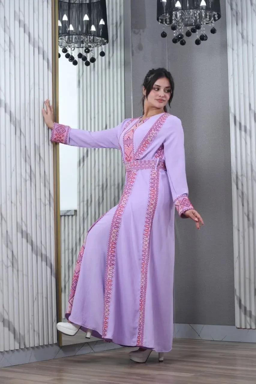 Lavender embroidered abaya for women with pink intricate embroidery by Palestinian Elegance