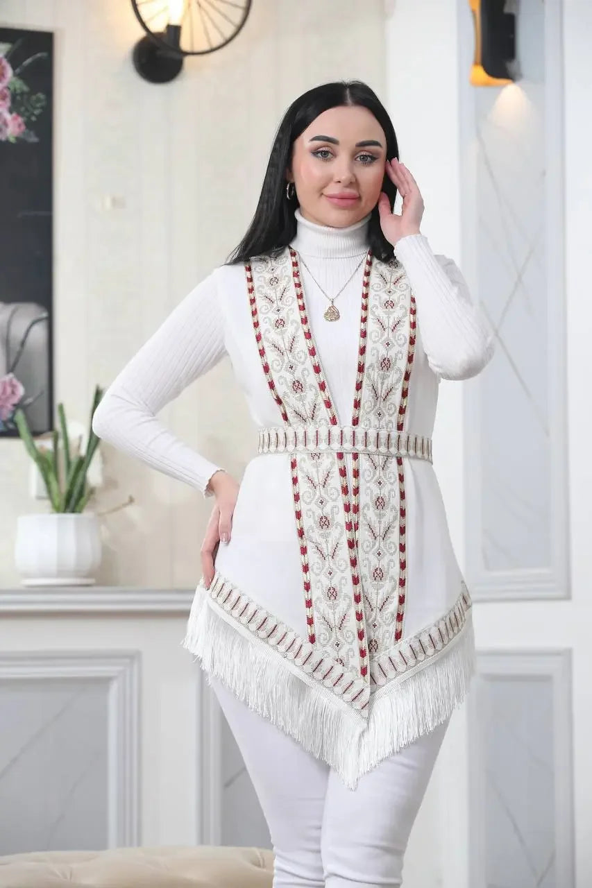 Embroidered Chiffon Vest With Tassels Palestinian Elegance