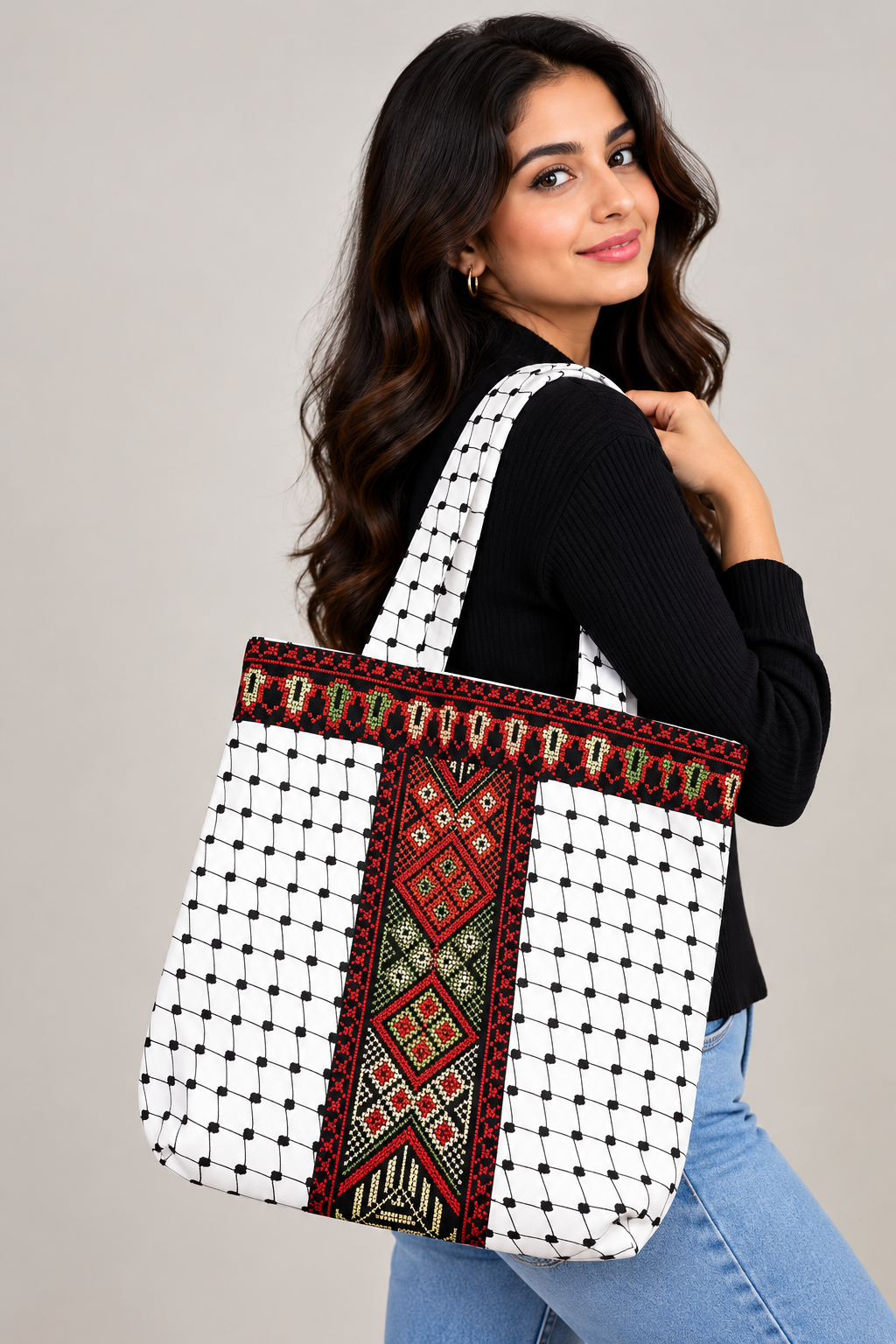 High-Quality Handmade Tatreez Tote Bags with Kufiyah Design: Durable and Spacious