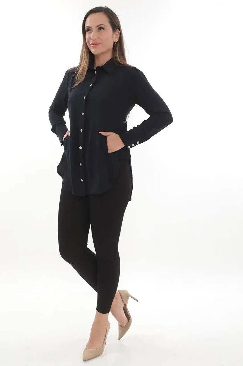 Palestinian Elegance casual embroidered blouse for women in black with button details and long sleeves