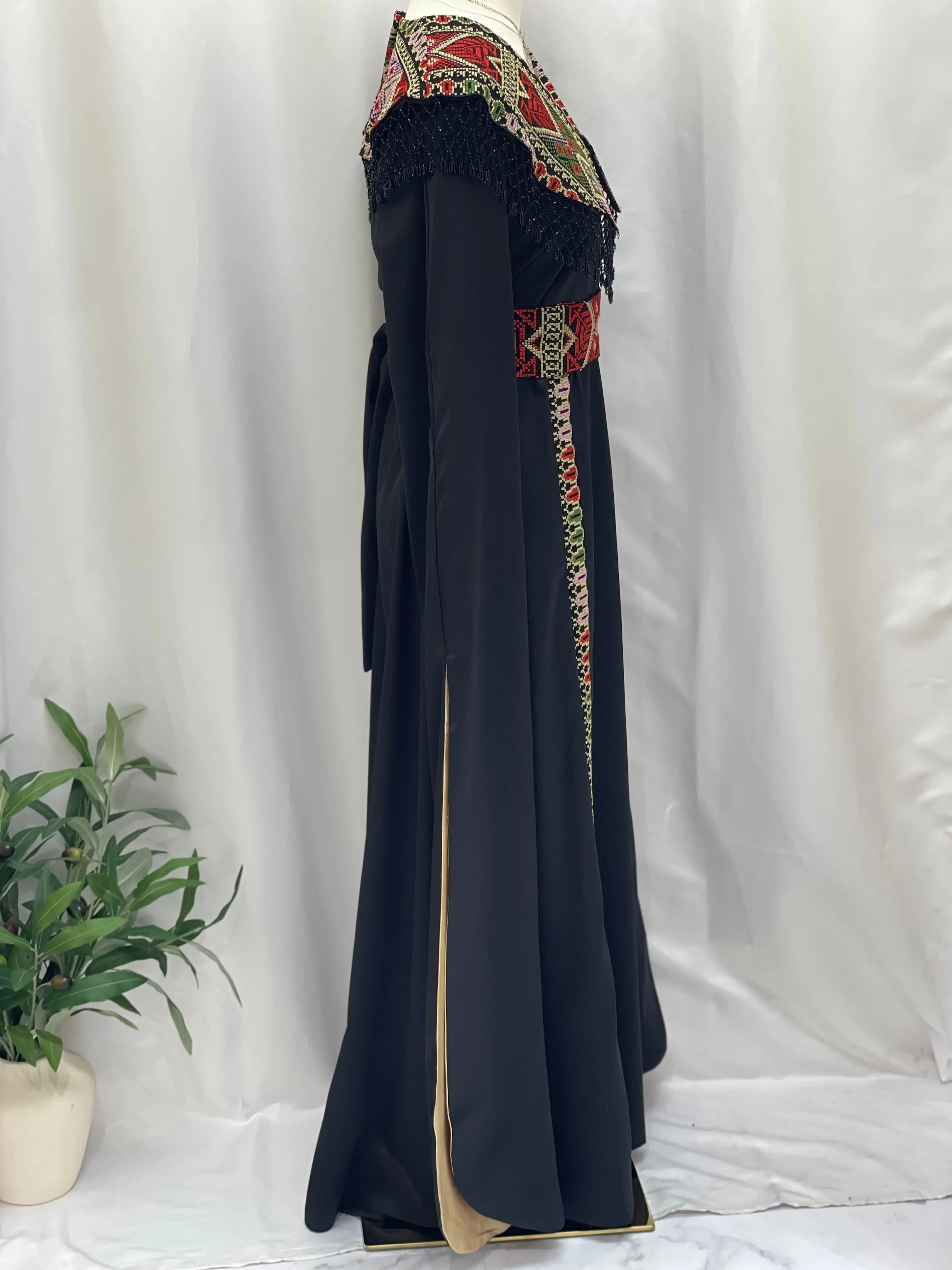 Sophisticated Elegance: Soondos Embroidered Satin Dress Palestinian Elegance