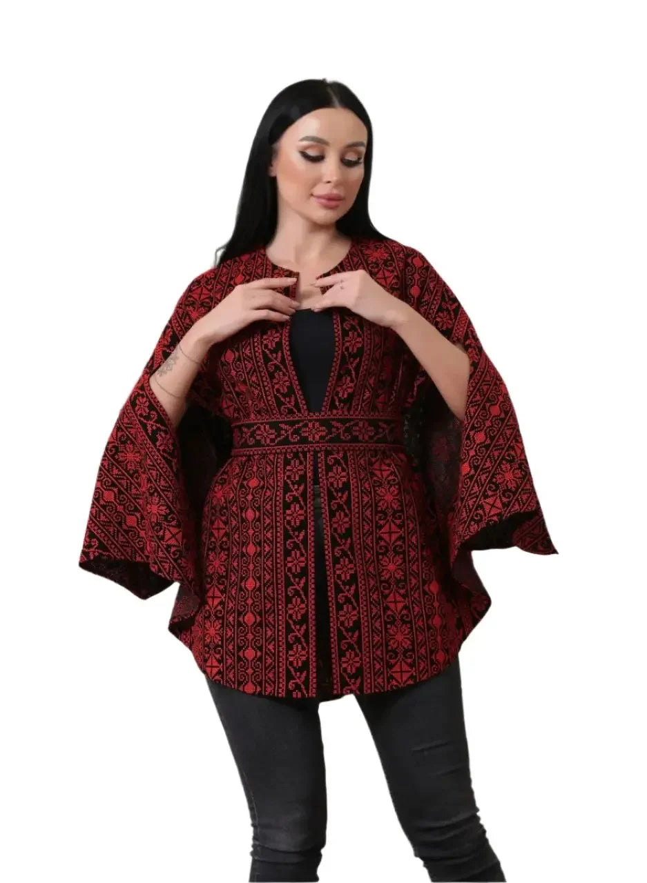 Palestinian Elegance embroidered cape jacket in red and black with traditional intricate embroidery
