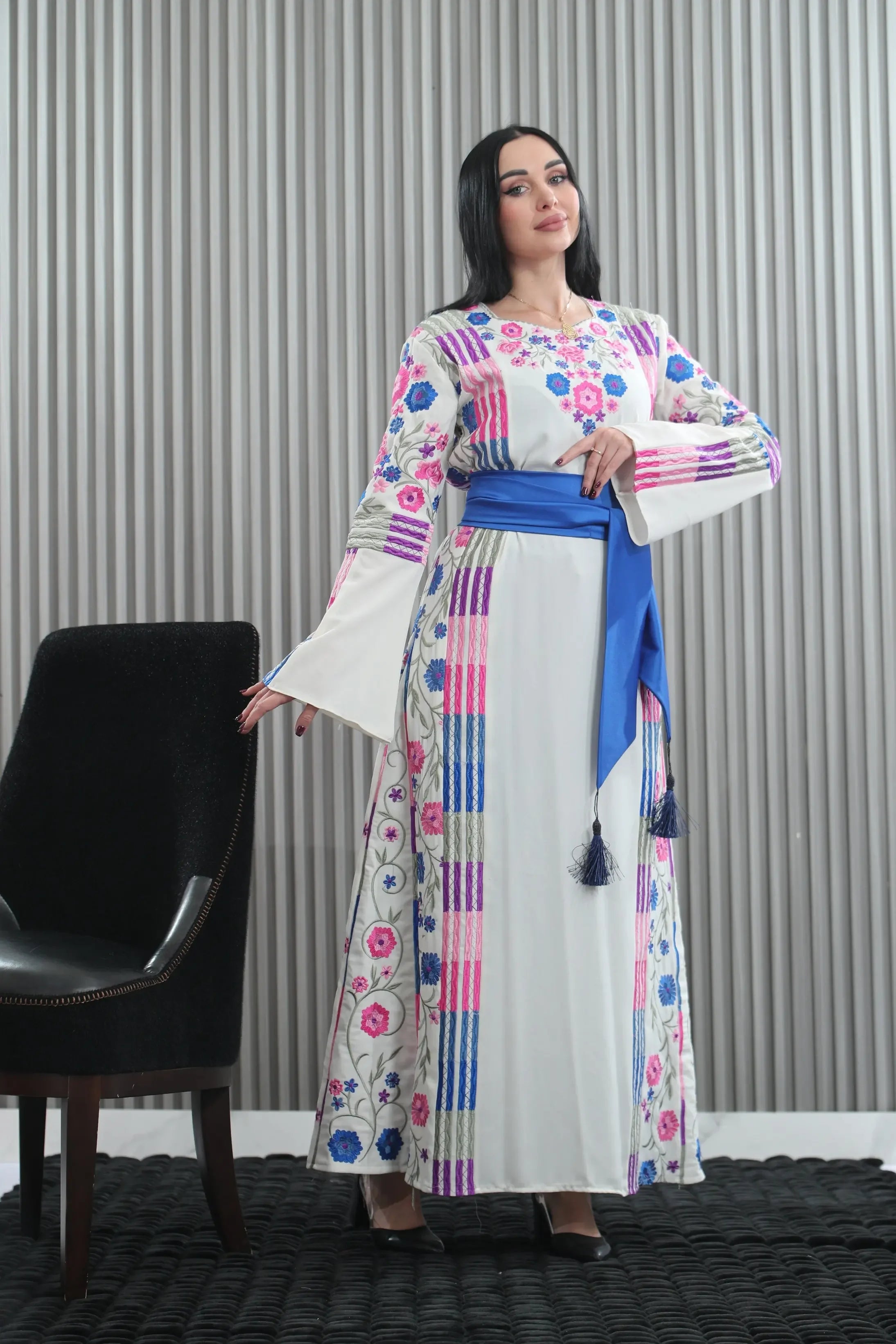 Embroidered White Multicolored Thoub Palestinian Elegance