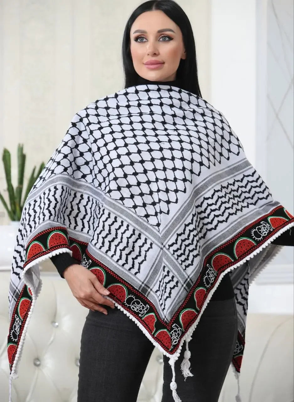 Hanzala & Watermelon Embroidered Kuffiyeh: Elegance and Cultural Charm Palestinian Elegance