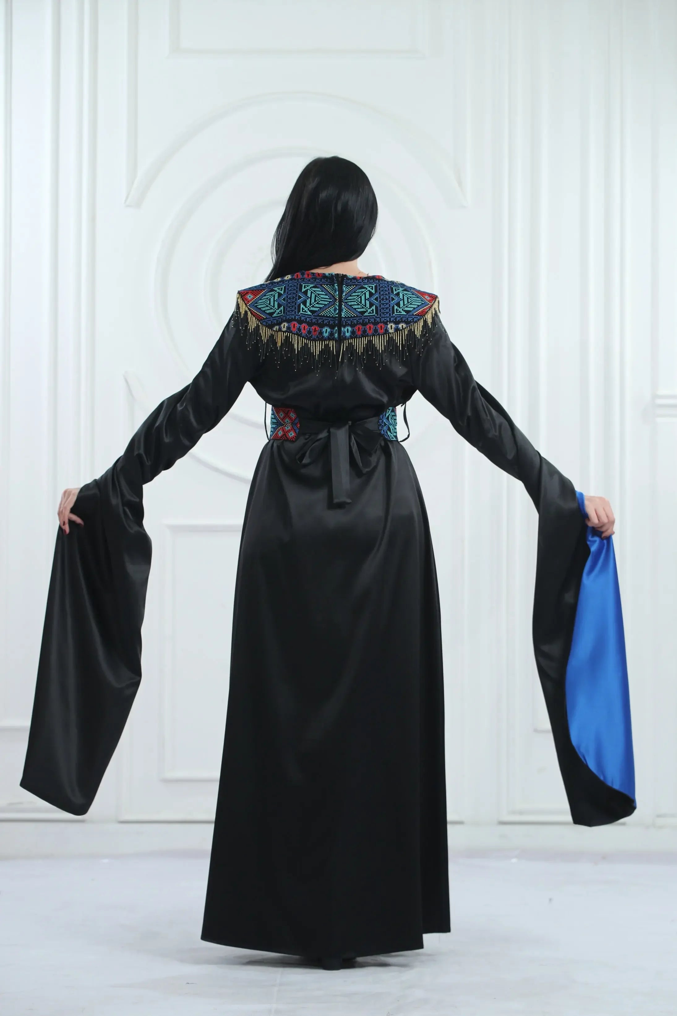 Embroidered Satin Dress With handmade Beads Palestinian Elegance