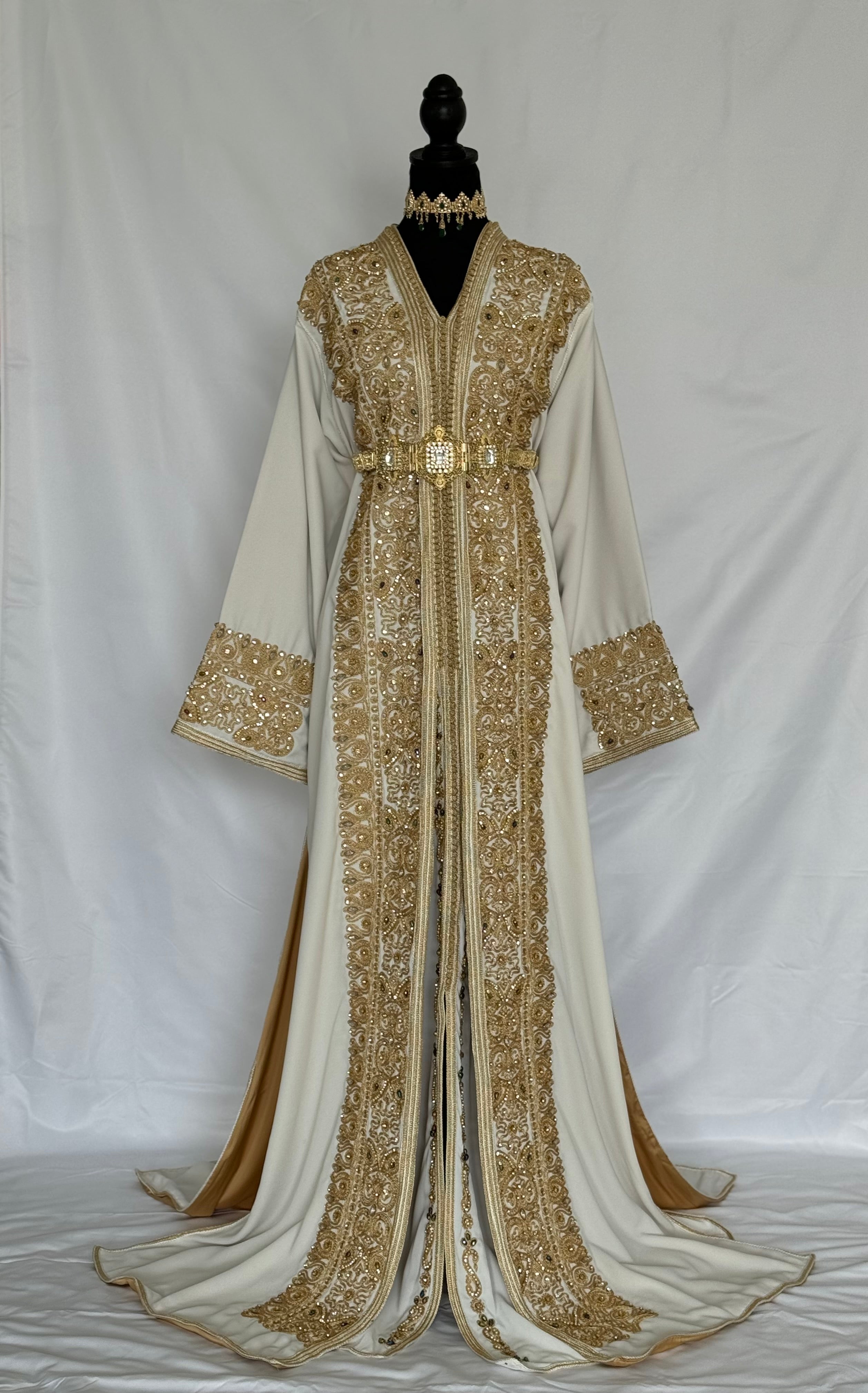 Handmade Silk Crepe Moroccan Kaftan: Gold Thread Embroidery, Belted Takchita