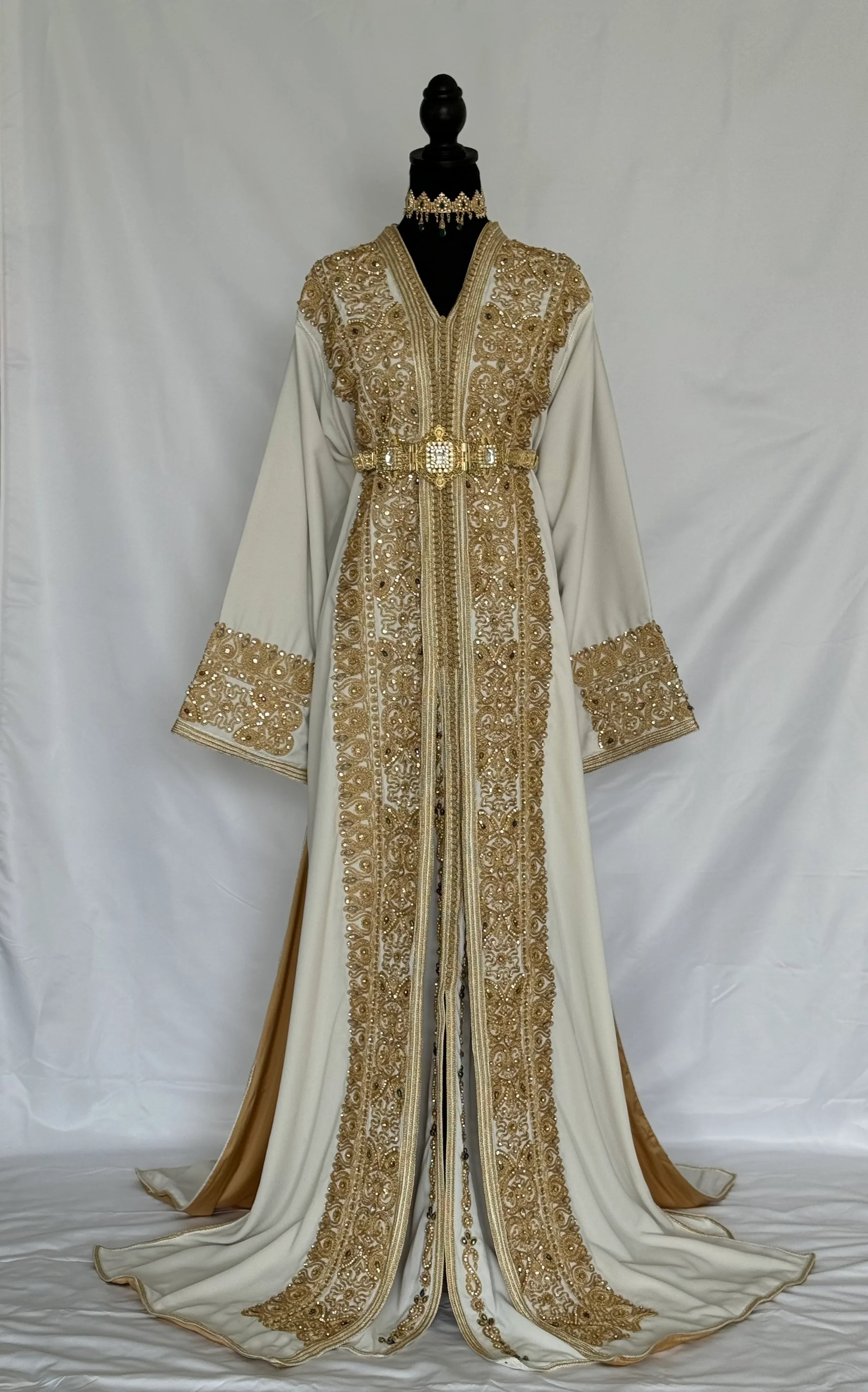 Handmade Silk Crepe Moroccan Kaftan: Gold Thread Embroidery, Belted Takchita