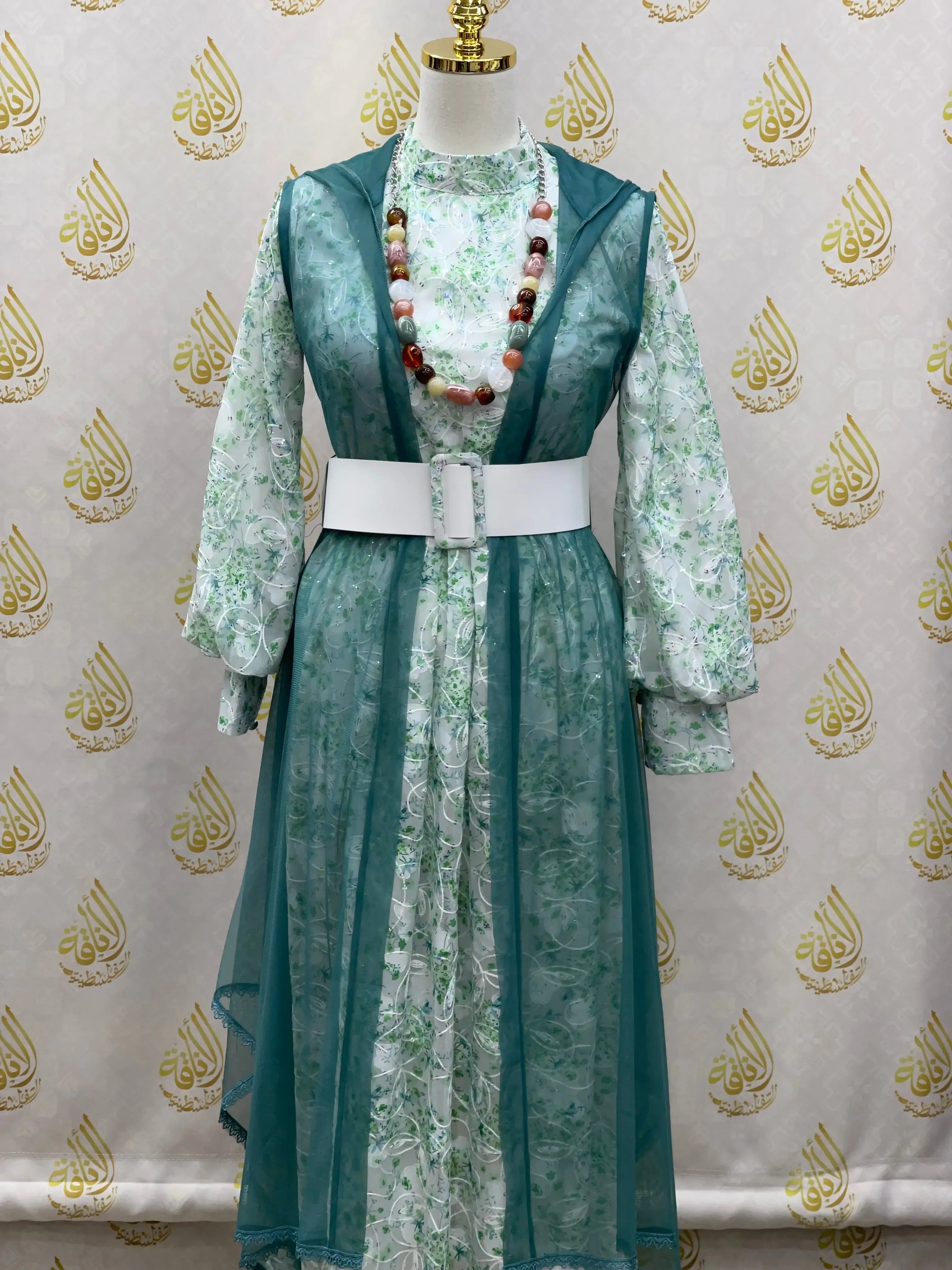 Floral Embroidered Mesh Overlay Dress with Beads: Enchanting Elegance and Grace Palestinian Elegance