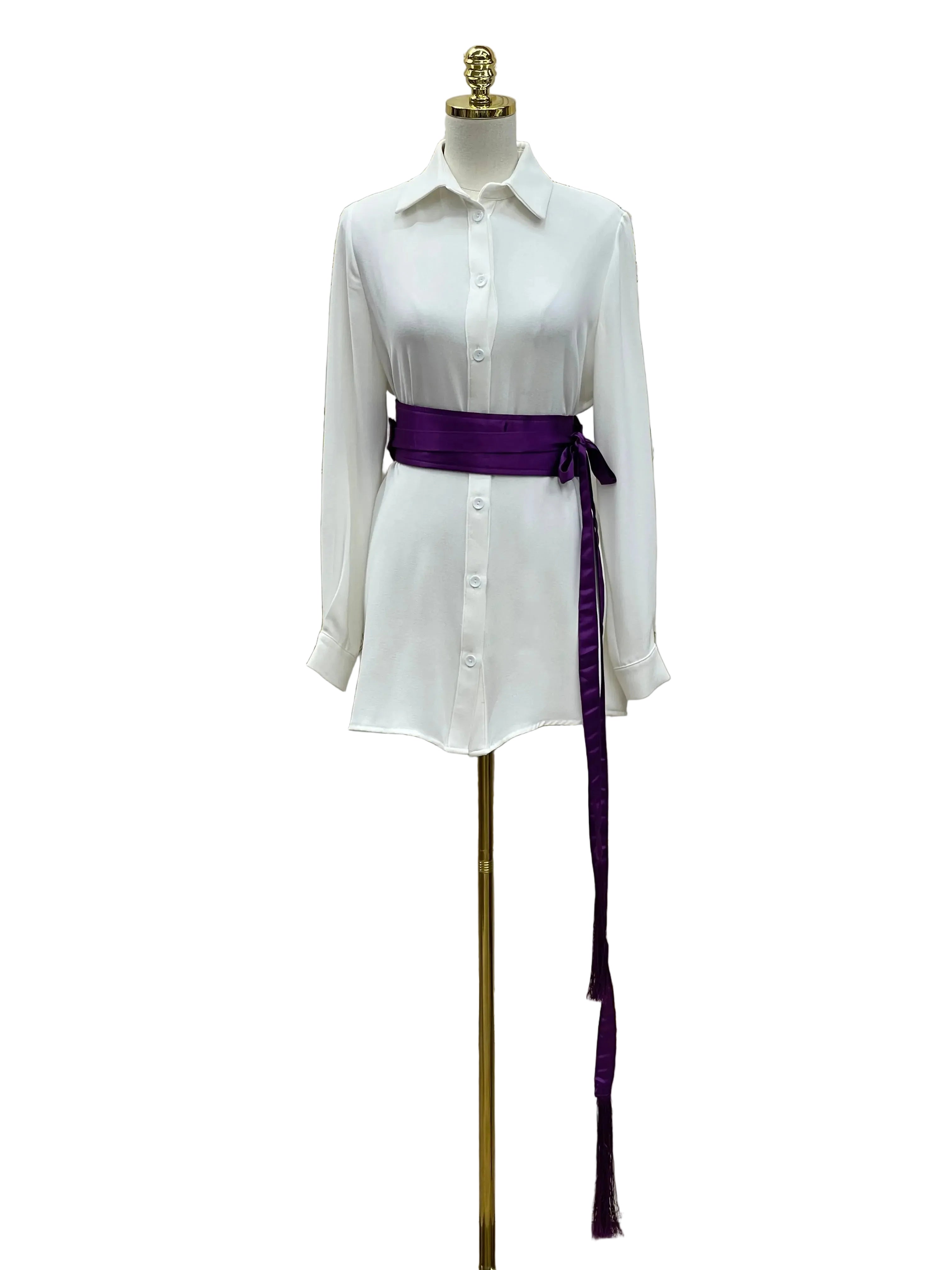 Luxury satin belt for dresses in deep purple styled on white shirt dress by Palestinian Elegance