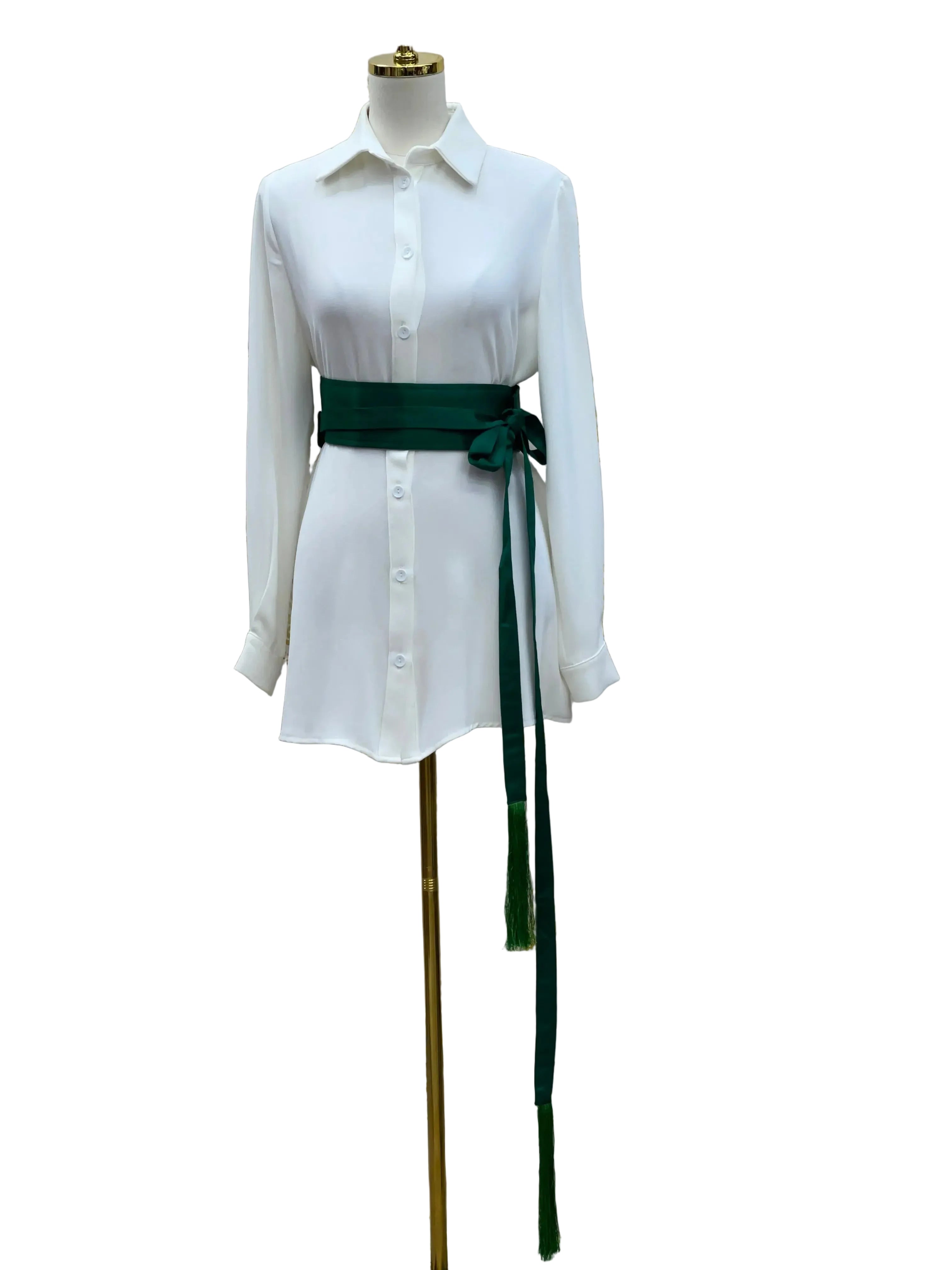 Palestinian Elegance luxury satin belt for dresses in dark green tied on white button-up shirt dress